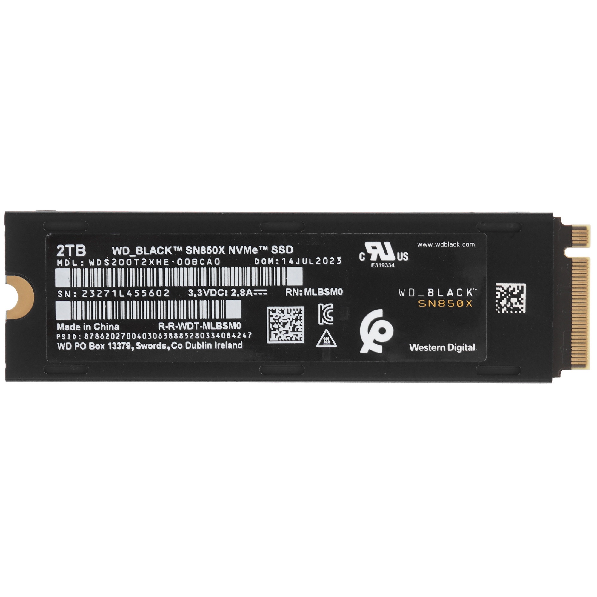 Накопитель SSD WD 2Tb Black SN850X, M.2(22x80mm), NVMe, PCIe 4.0 x4, 3D TLC, R/W 7300/6600MB/s, IOPs