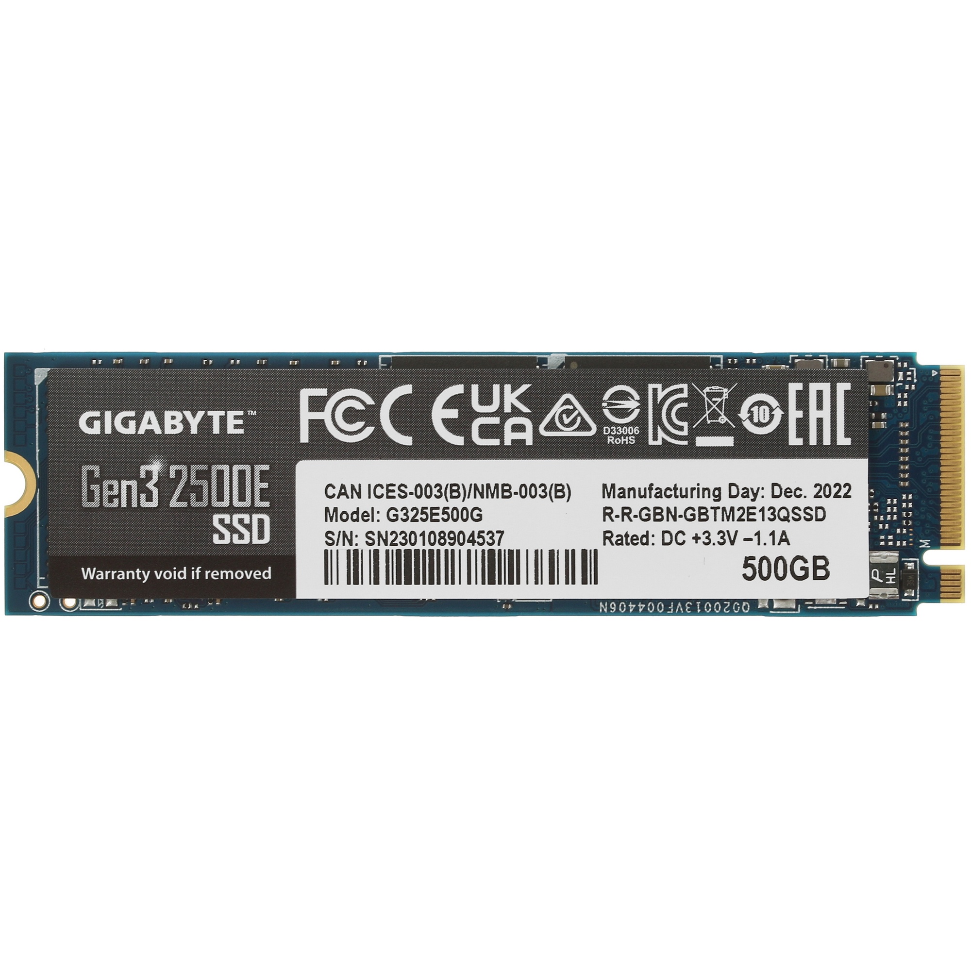 Накопитель SSD GIGABYTE AORUS Gen3 2500E, 500Gb, M.2 2280, PCIe 3.0 x4, NVMe, R/W 2300/1500