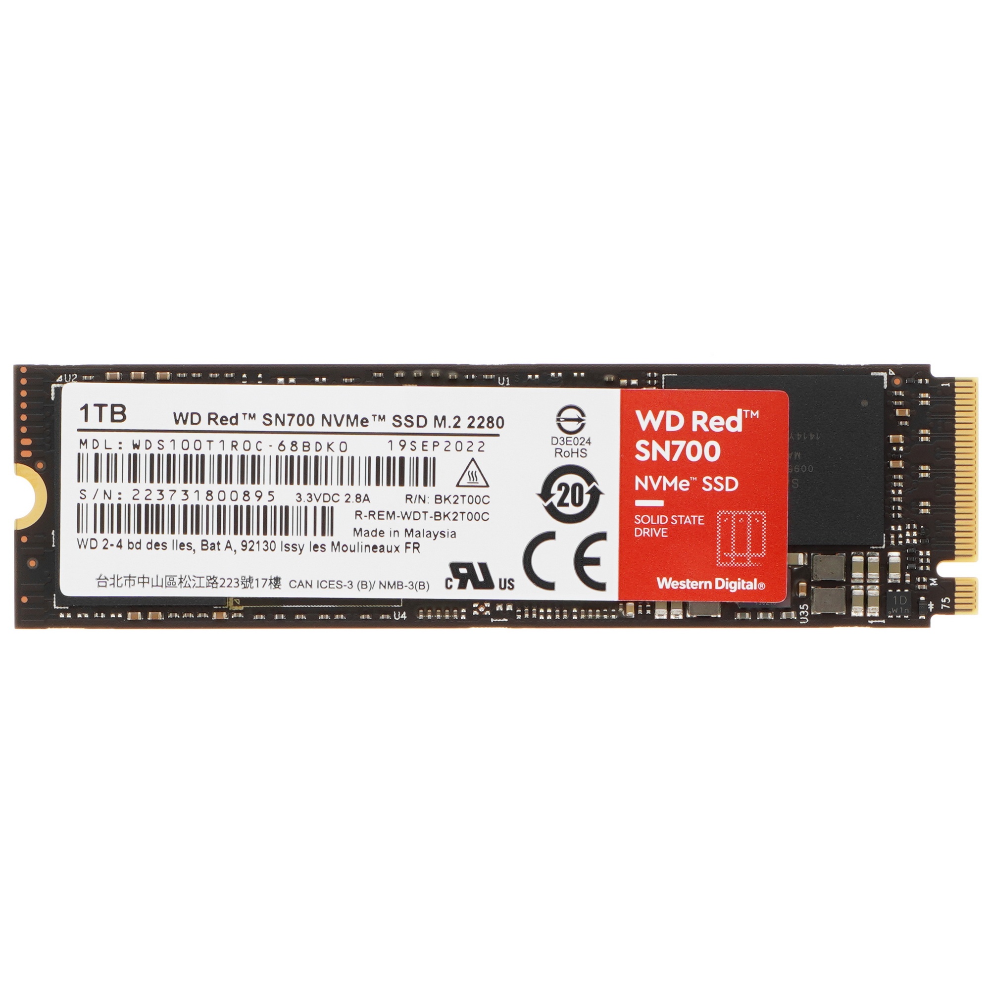 Накопитель SSD WD Red SN700, 1TB, PCIe 3.0 x4, M.2 2280, NVMe, R/W 3430/3000