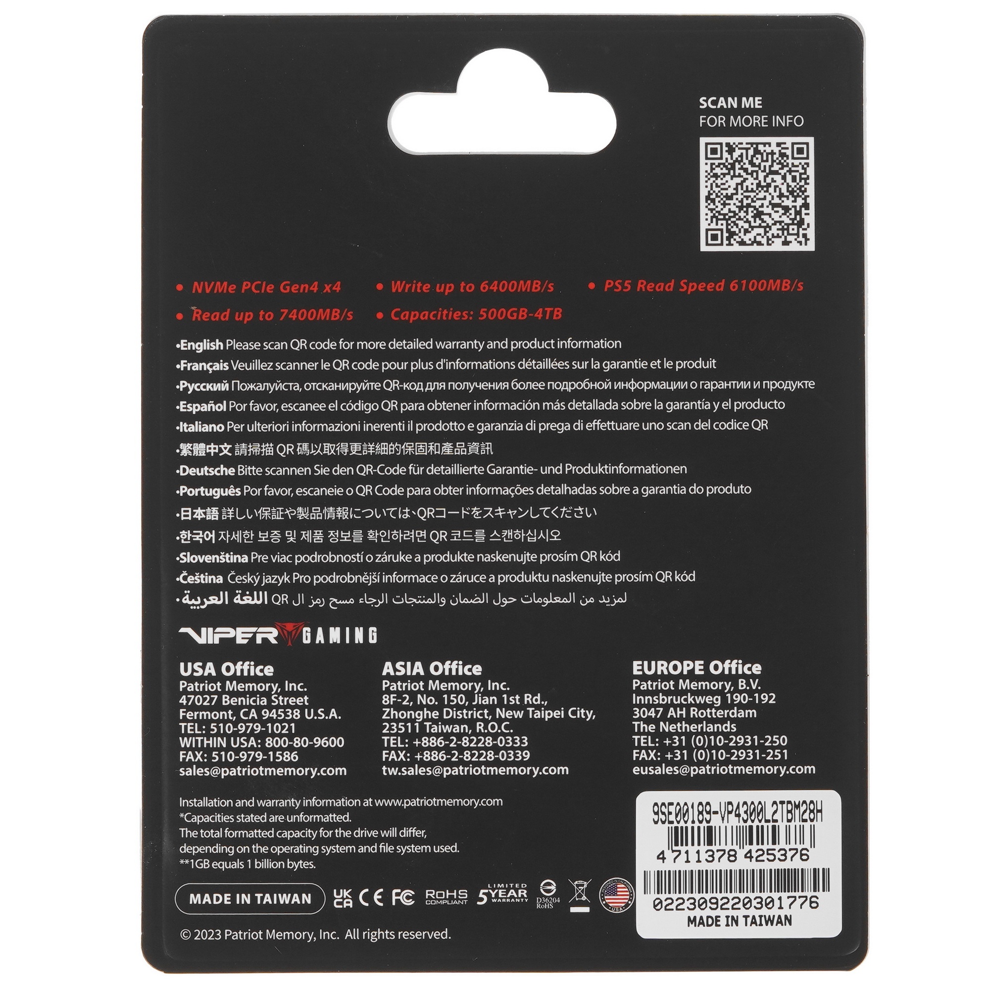 Накопитель SSD Patriot Viper VP4300 Lite, 2Tb, PCIe 4.0 x4, M.2 2280, NVMe, R/W 7400/6400, с радиато