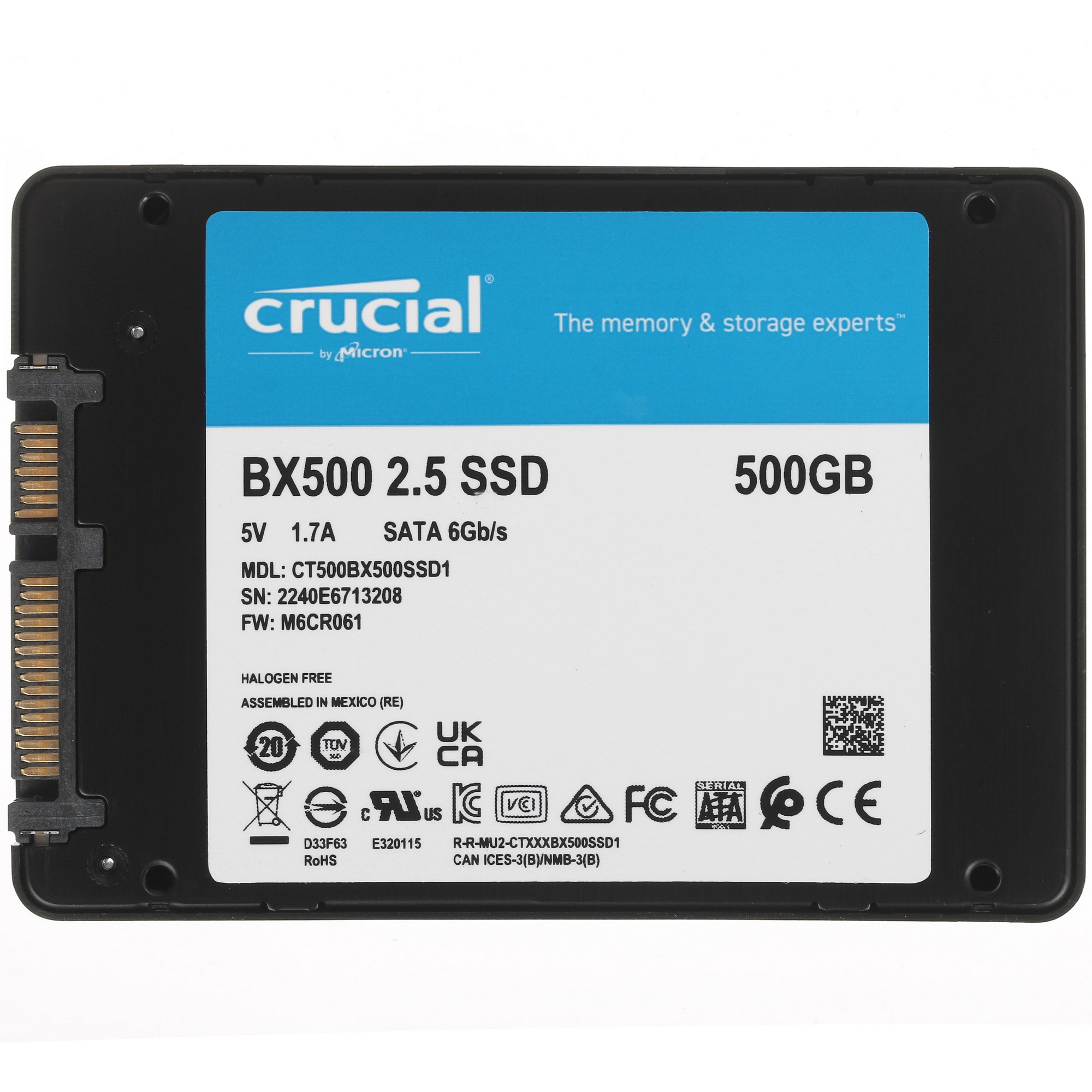 Накопитель SSD Crucial BX500, 500Gb, 2.5", SATA III, R/W 550/500