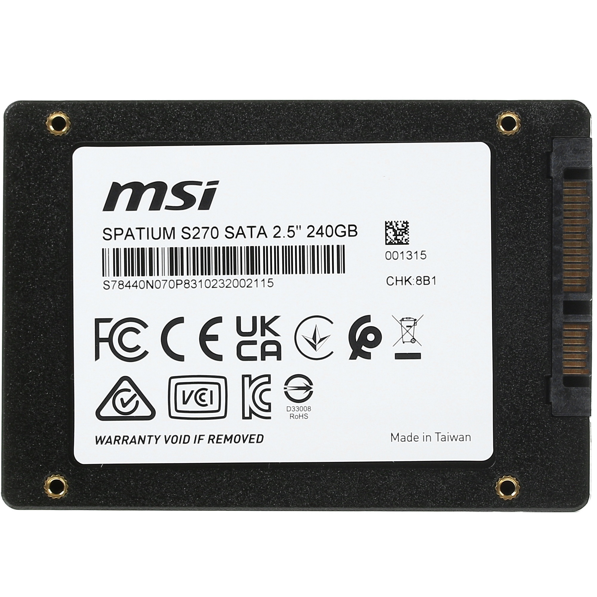 Накопитель SSD MSI SPATIUM S270, 240GB, 2.5", SATA III, R/W 500/400