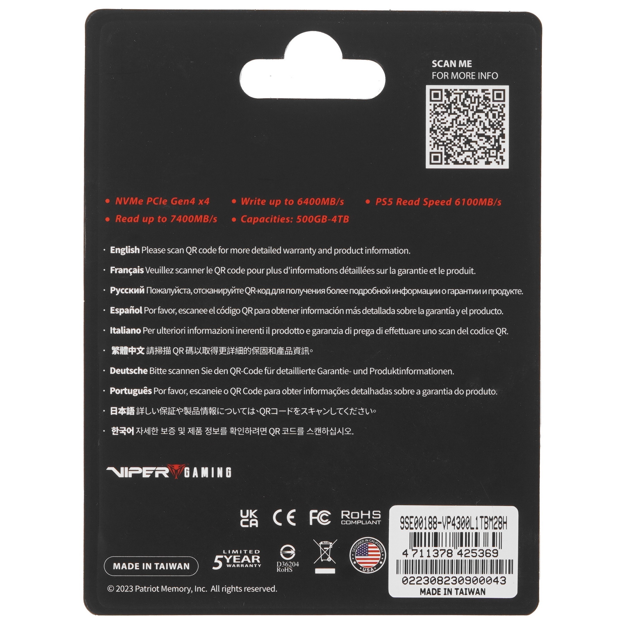 Накопитель SSD Patriot Viper VP4300 Lite, 1Tb, PCIe 4.0 x4, M.2 2280, NVMe, R/W 7400/6400, с радиато