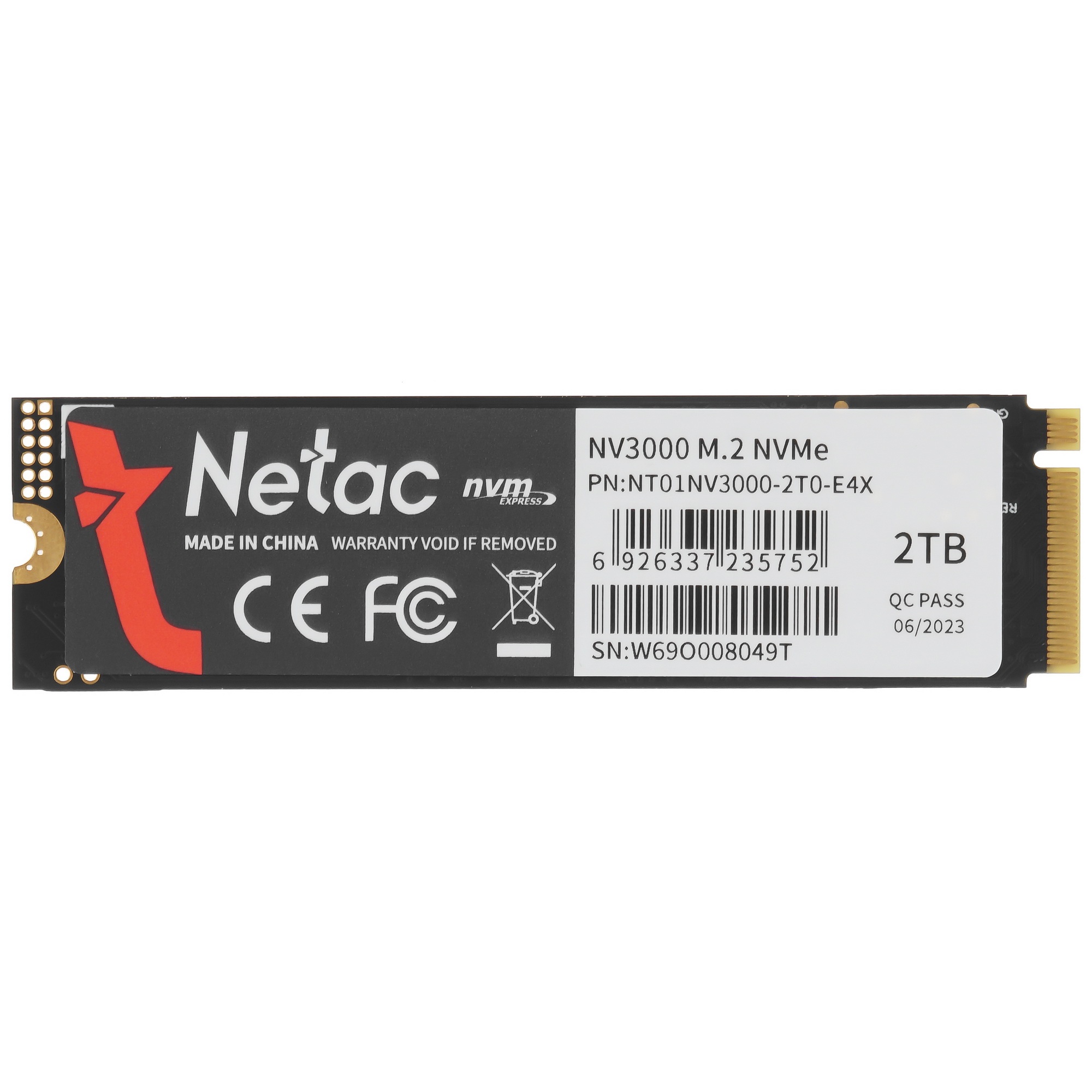 Накопитель SSD Netac NV3000, 2TB, PCIe 3.0 x4, M.2 2280, NVMe, R/W 3100/2100, с радиатором