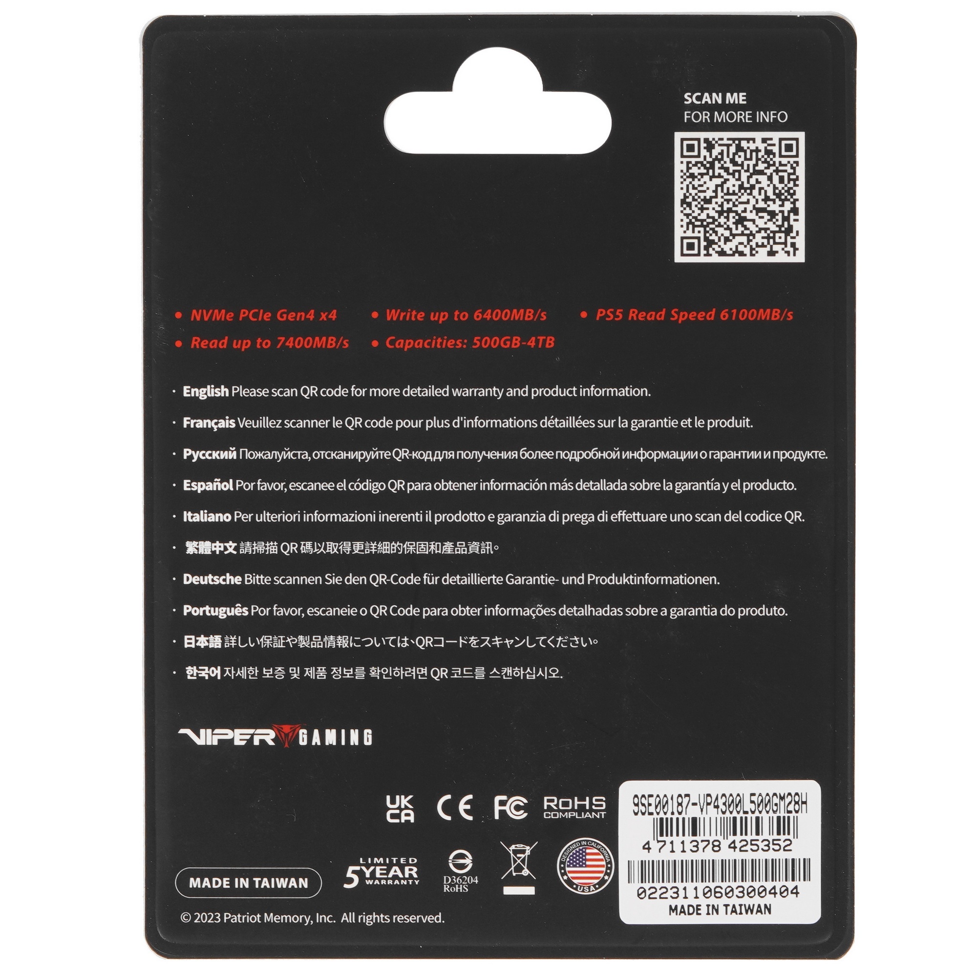 Накопитель SSD Patriot Viper VP4300 Lite, 500GB, PCIe 4.0 x4, M.2 2280, NVMe, R/W 7000/4000, с радиа