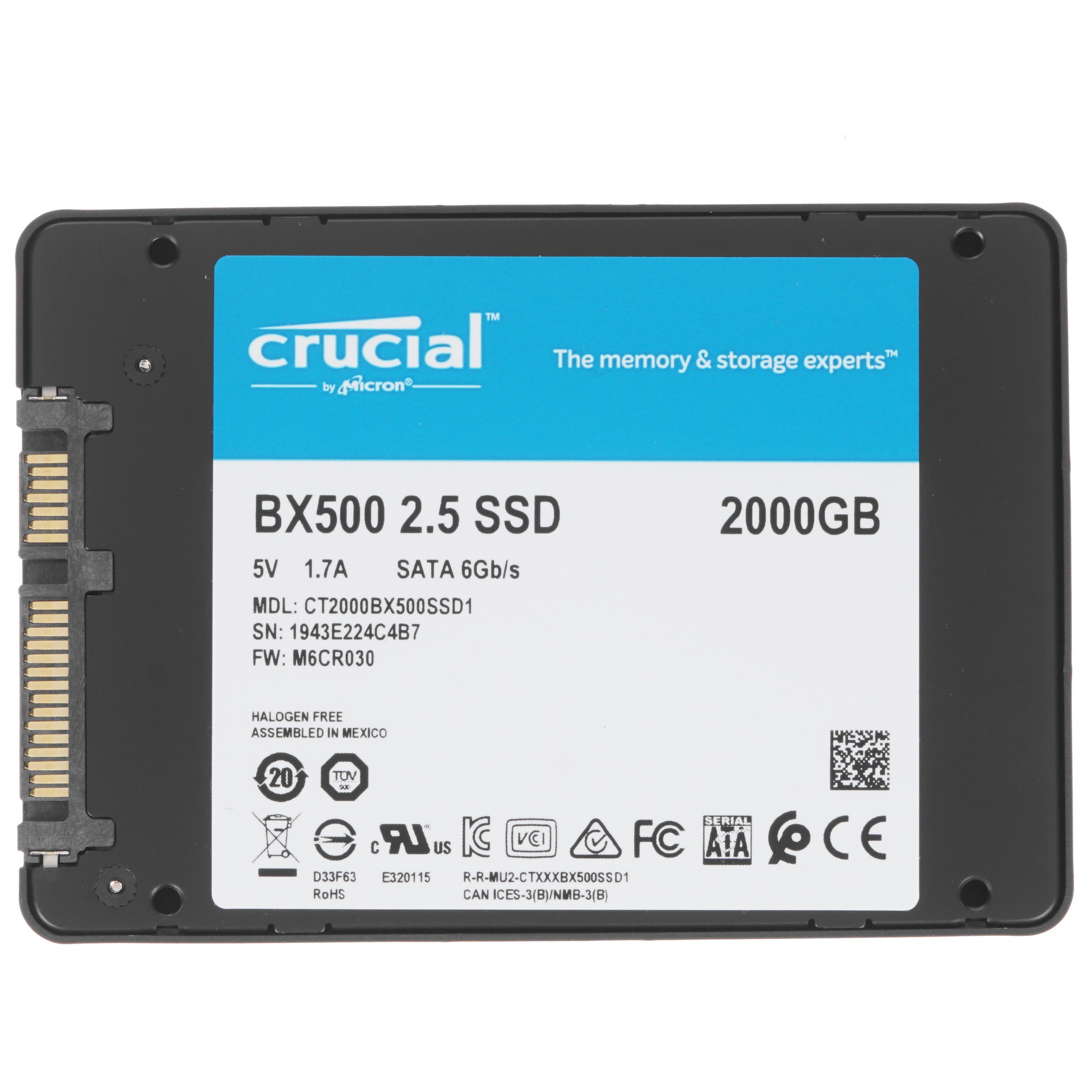 Накопитель SSD Crucial BX500, 2Tb, SATA III, 2.5", R/W 540/500
