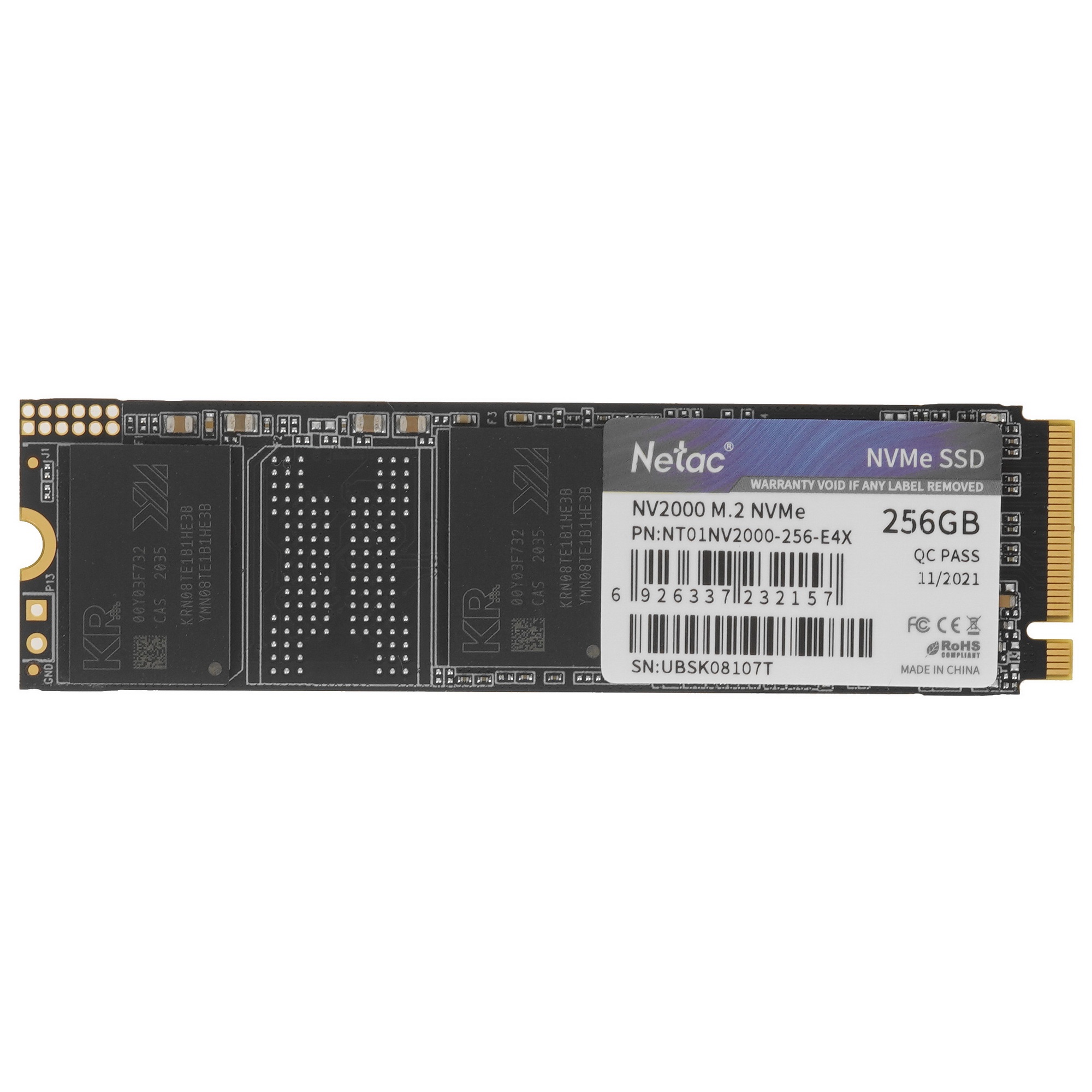 Накопитель SSD Netac NV2000, 256GB, PCIe 3.0 x4, M.2 2280, NVMe, R/W 2500/1000