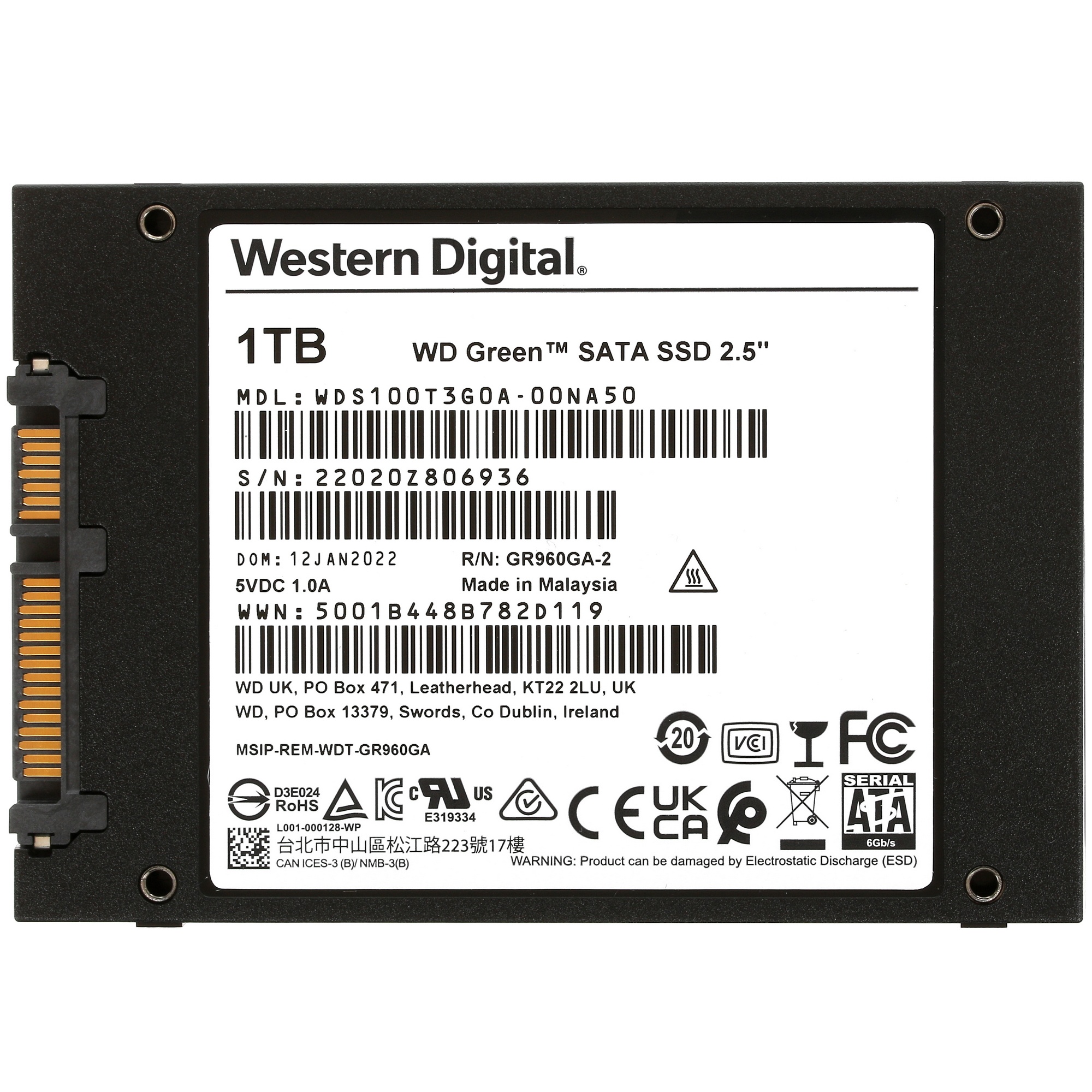 Накопитель SSD WD Green WDS100T3G0A, 1000GB, SATA III, 2.5", R/W 545/385