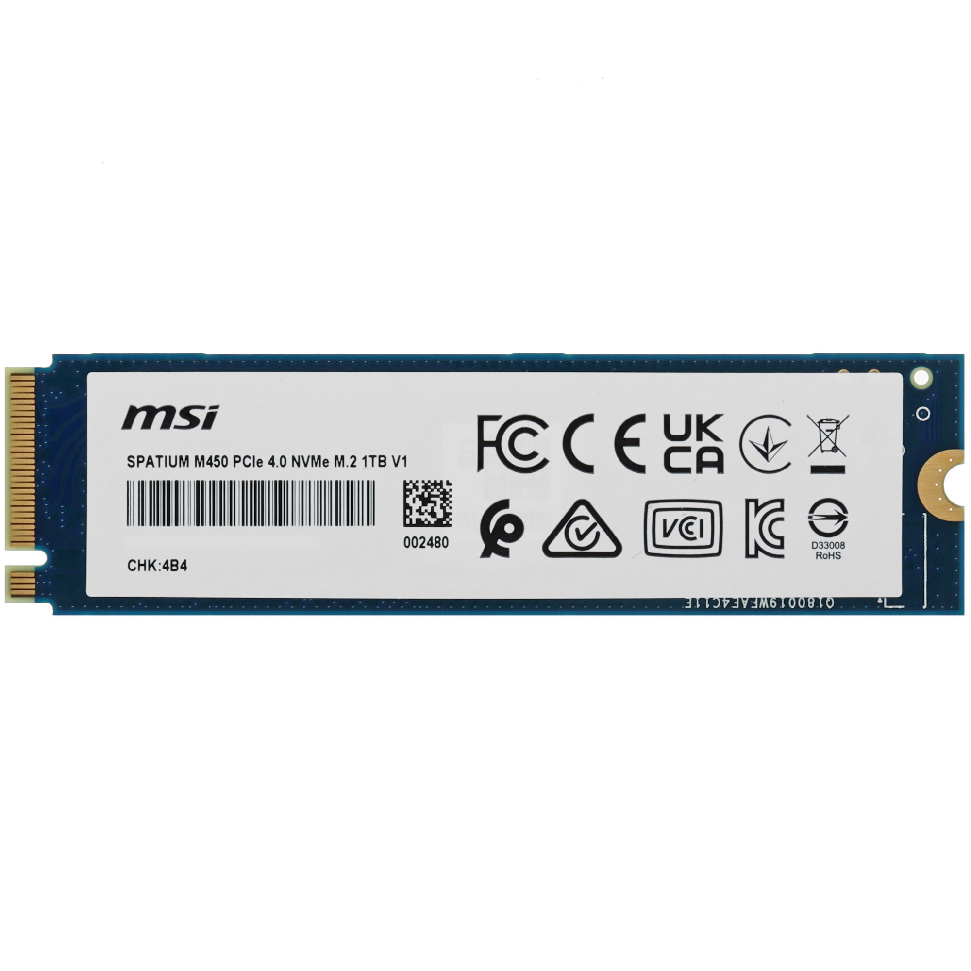 Накопитель SSD MSI SPATIUM M450, 1Tb, PCIe 4.0 x4, M.2 2280, NVMe, R/W 3400/2400