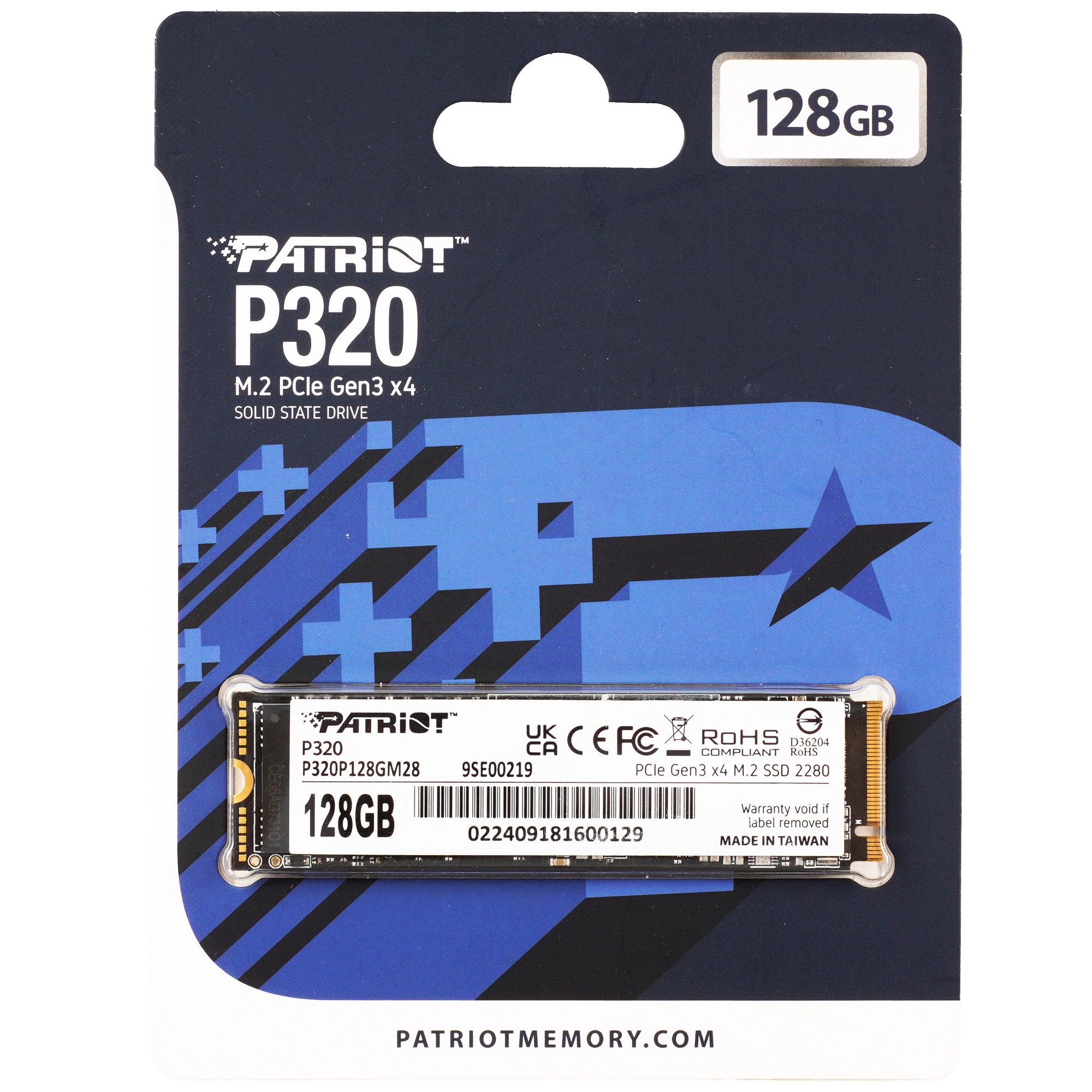 Накопитель SSD Patriot P320, 128GB, PCIe 3.0 x4, M.2 2280, NVMe, R/W 1600/1000