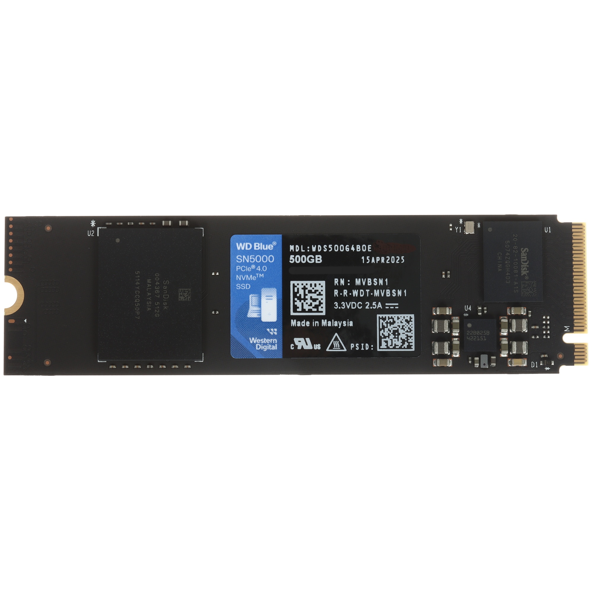 Накопитель SSD WD Blue SN5000, 500Gb, PCIe 4.0 x4, M.2 2280, NVMe, R/W 5000/4000