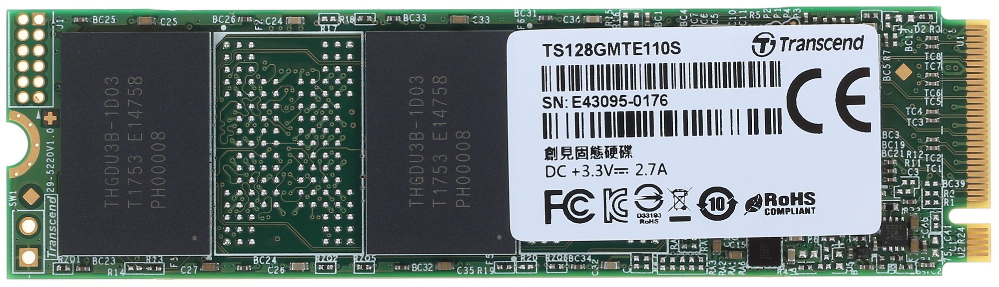 Накопитель SSD Transcend MTE110S, 128Gb, M.2 2280, PCIe 3.0 x4, NVMe, R/W 1600/400