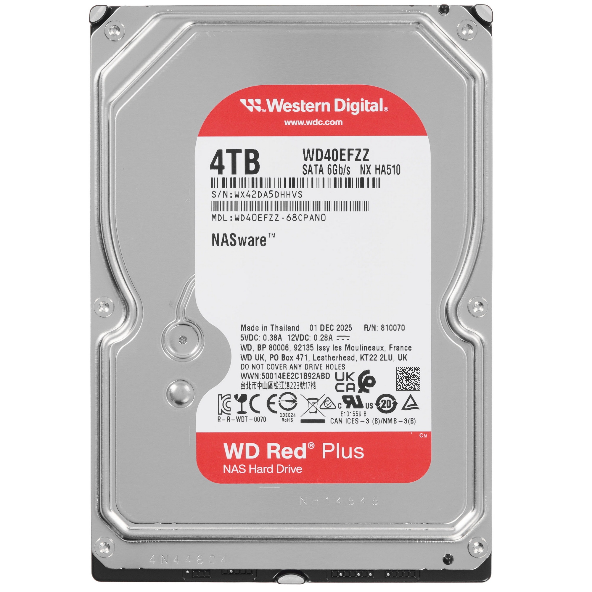 Жесткий диск HDD WD SATA3 4Tb NAS Red Plus 5400 128Mb 1 year warranty (replacement WD40EFZX, WD40EFA