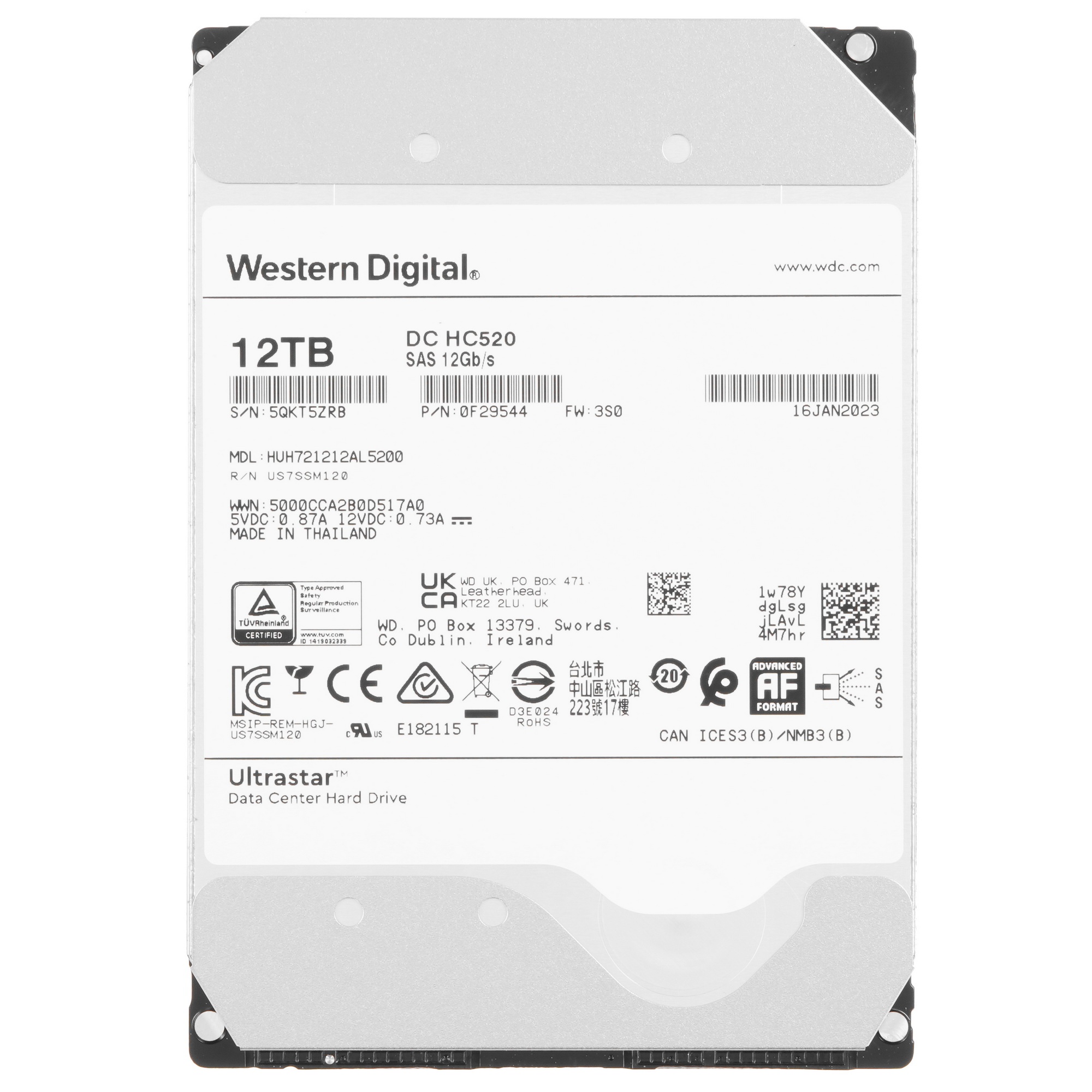 Жесткий диск WD Original SAS 3.0 12Tb 0F29532 HUH721212AL5204 Ultrastar DC HC520 (7200rpm) 256Mb 3.5