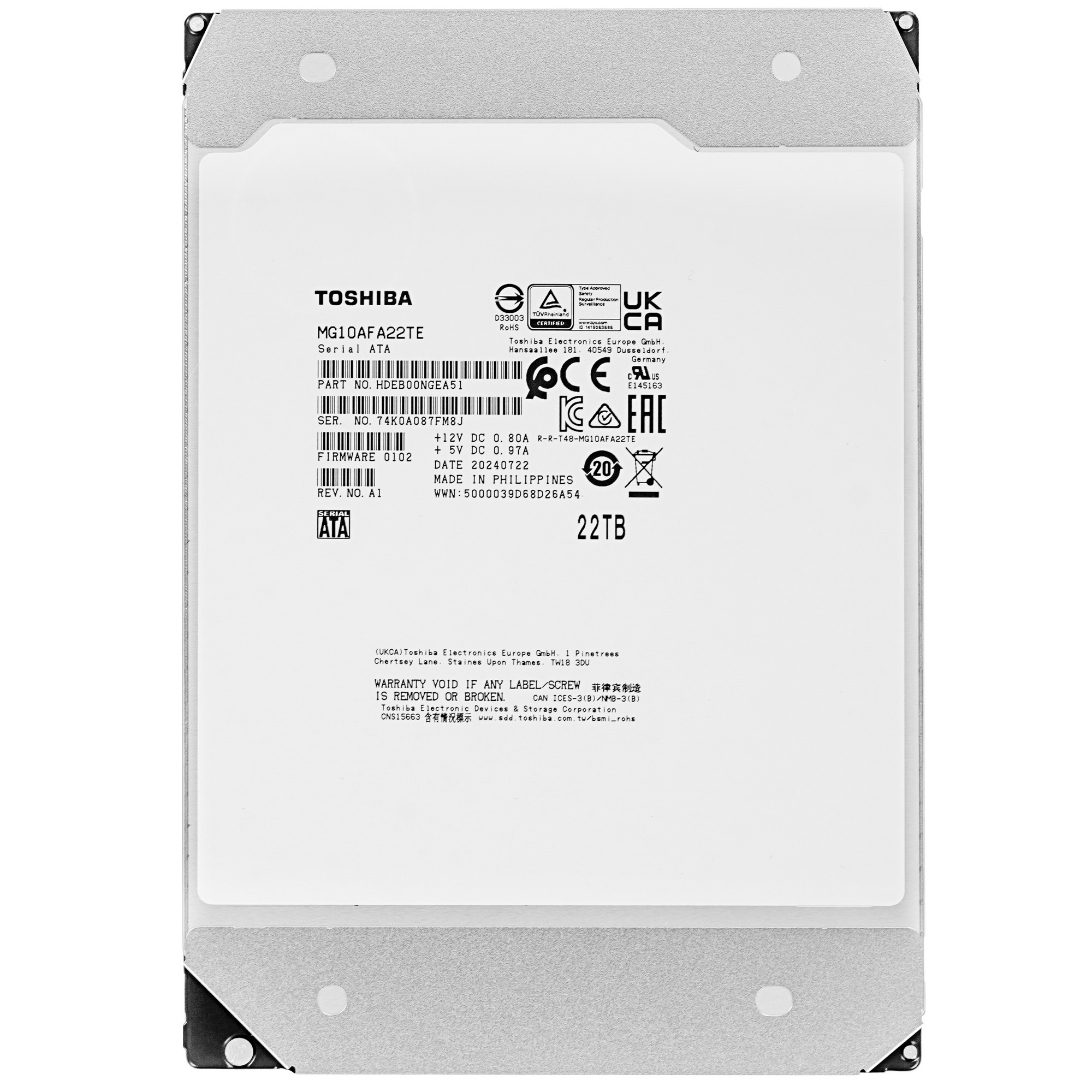 Жесткий диск Toshiba HDD  SATA 22Tb 3.5" Server 7200 6Gbit/s 512Mb  1 year warranty