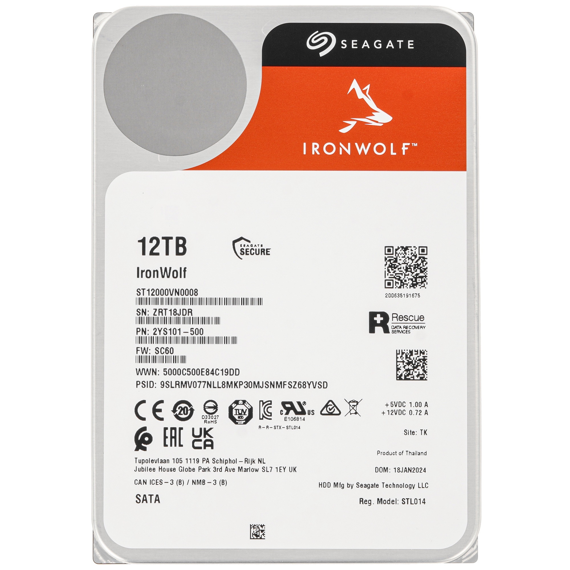 Жесткий диск Seagate Ironwolf ST12000VN0008, 12TB SATA 6.0Gb/s, 7200 rpm, 256mb buffer, 3.5",для NAS