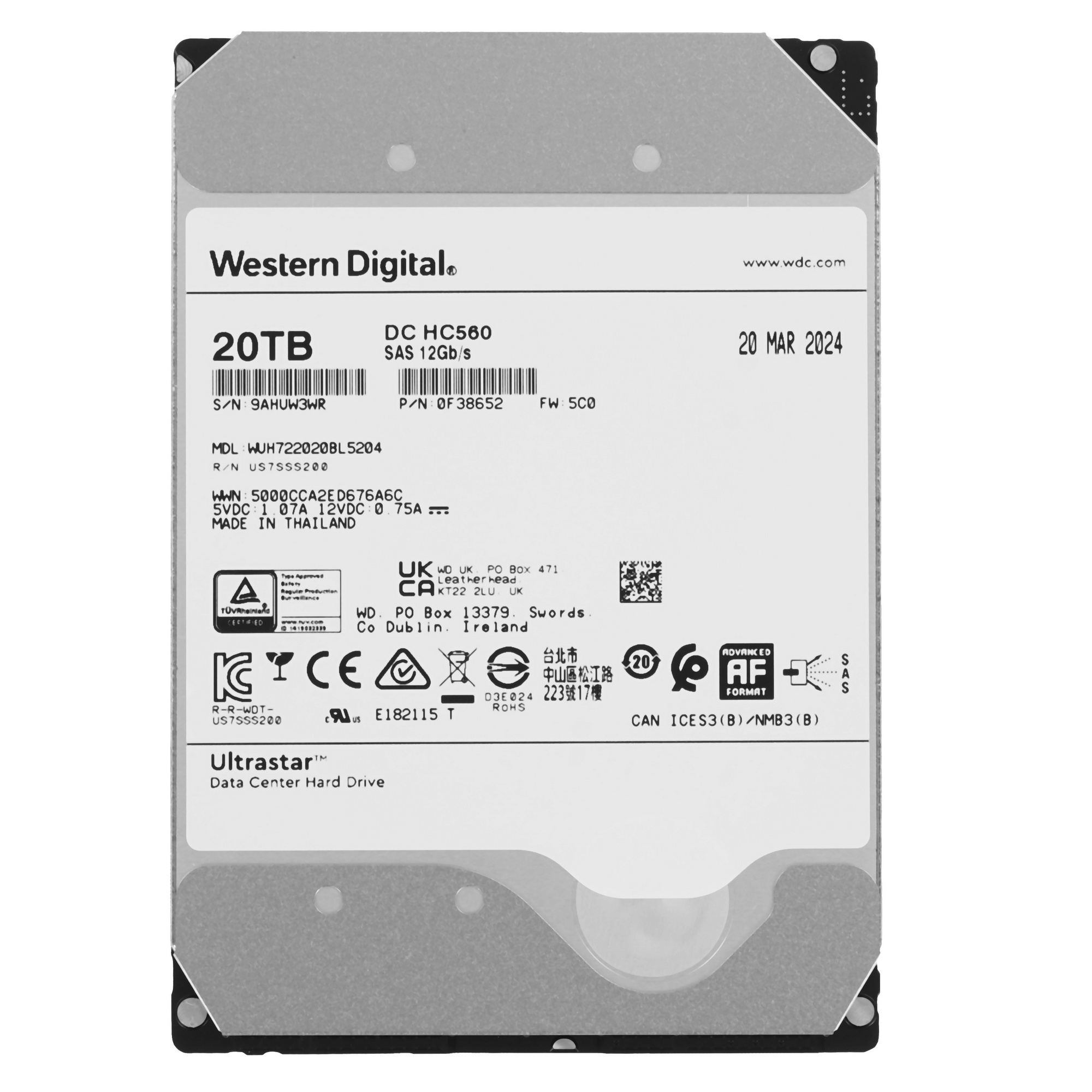 Жесткий диск Western Digital HDD  SAS Server 20Tb Ultrastar DC HC560 7200 12Gb/s 512MB 1 year warran