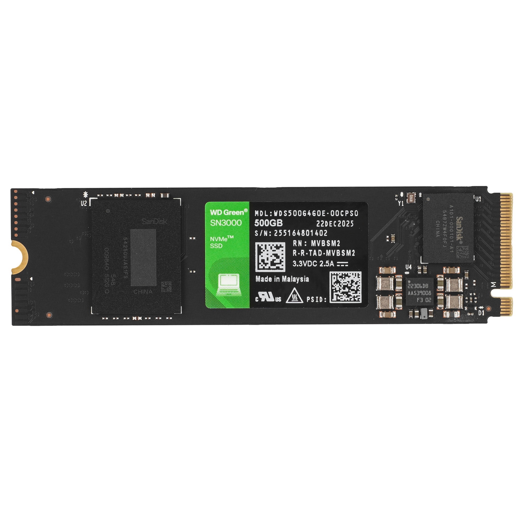 Накопитель SSD WD Green SN3000, 500Gb, PCIe 4.0 x4, M.2 2280, NVMe, R/W 5000/4100