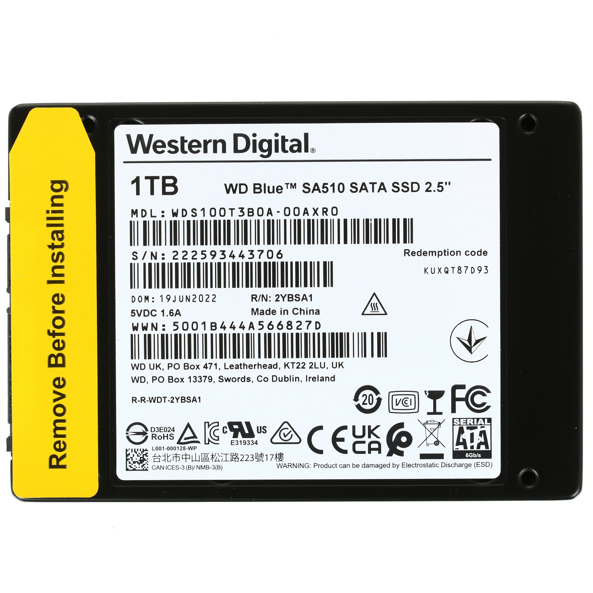 Накопитель SSD WD Blue SA510 WDS100T3B0A, 1Tb, SATA III, 2.5", R/W 560/520