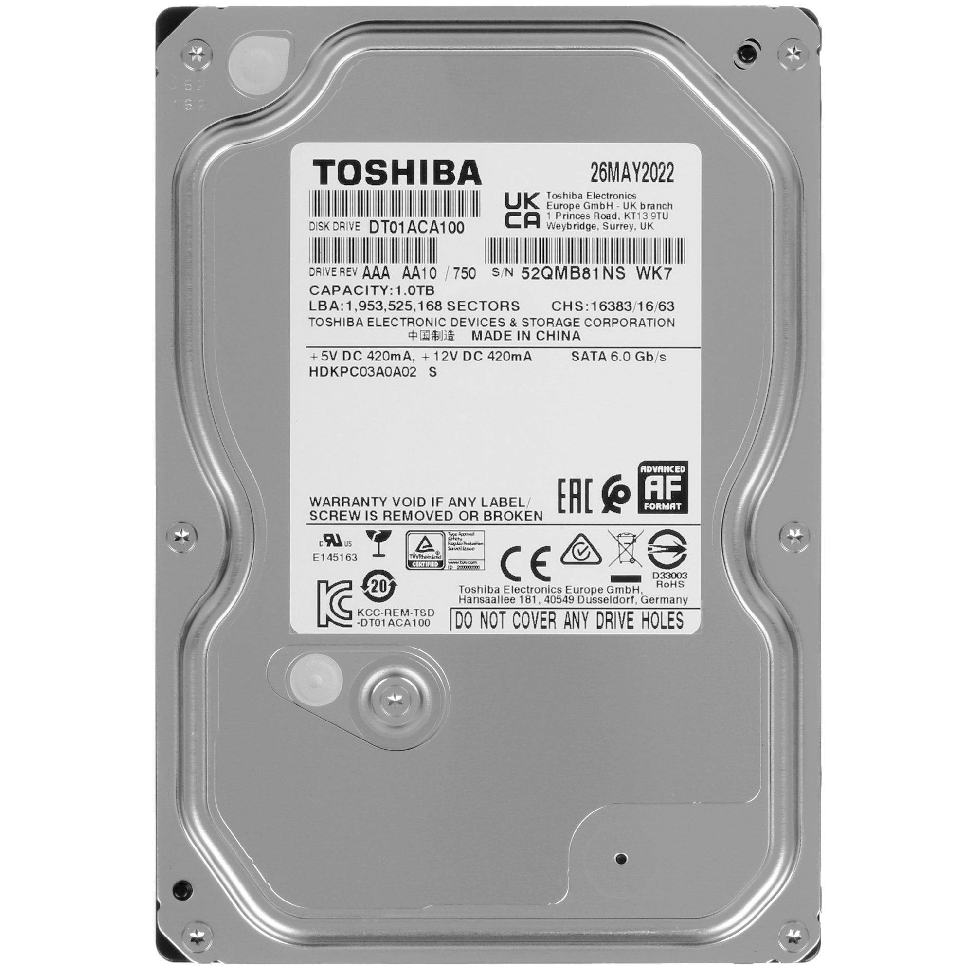 Жесткий диск Toshiba 1Tb 7200rpm DT01ACA100 SATA-III 32Mb 3.5" OEM