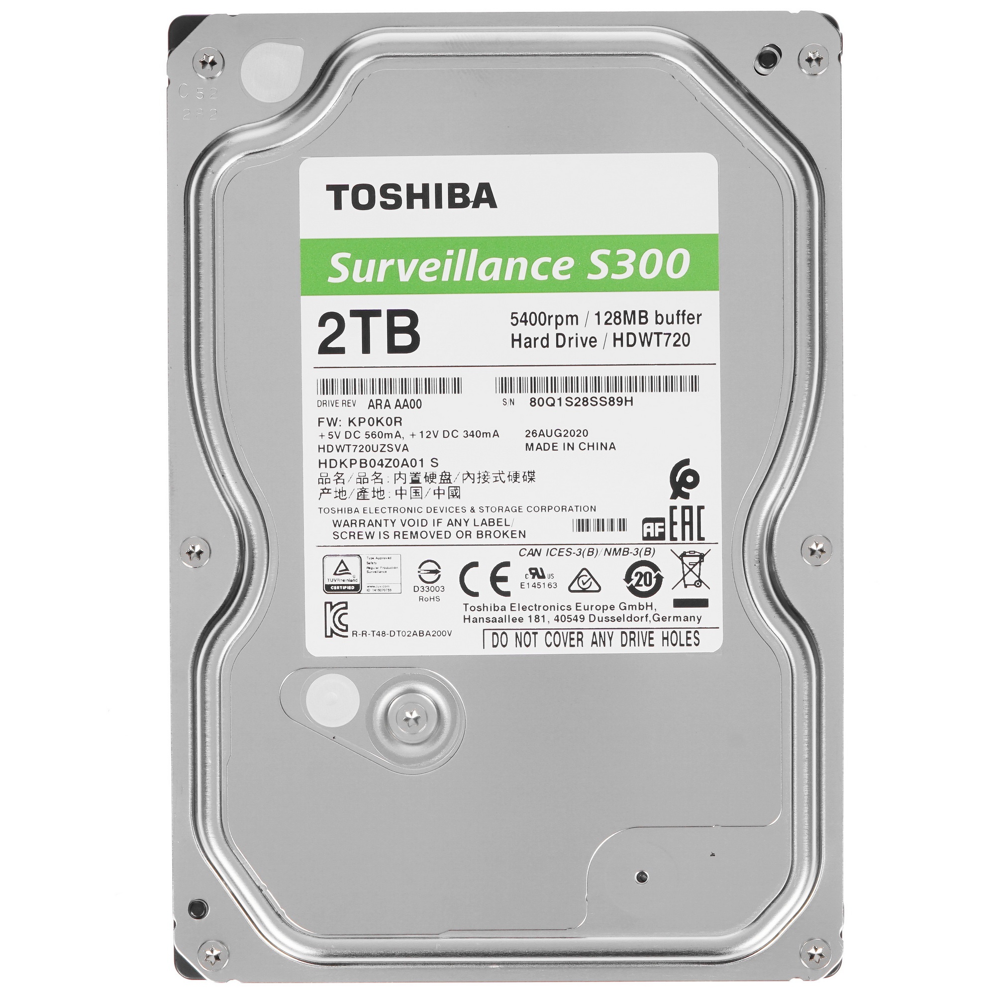 Жесткий диск Toshiba HDWT720UZSVA/HDKPB04Z0A01 S300 Surveillance 2ТБ 3,5" 5400RPM 128MB SATA-III