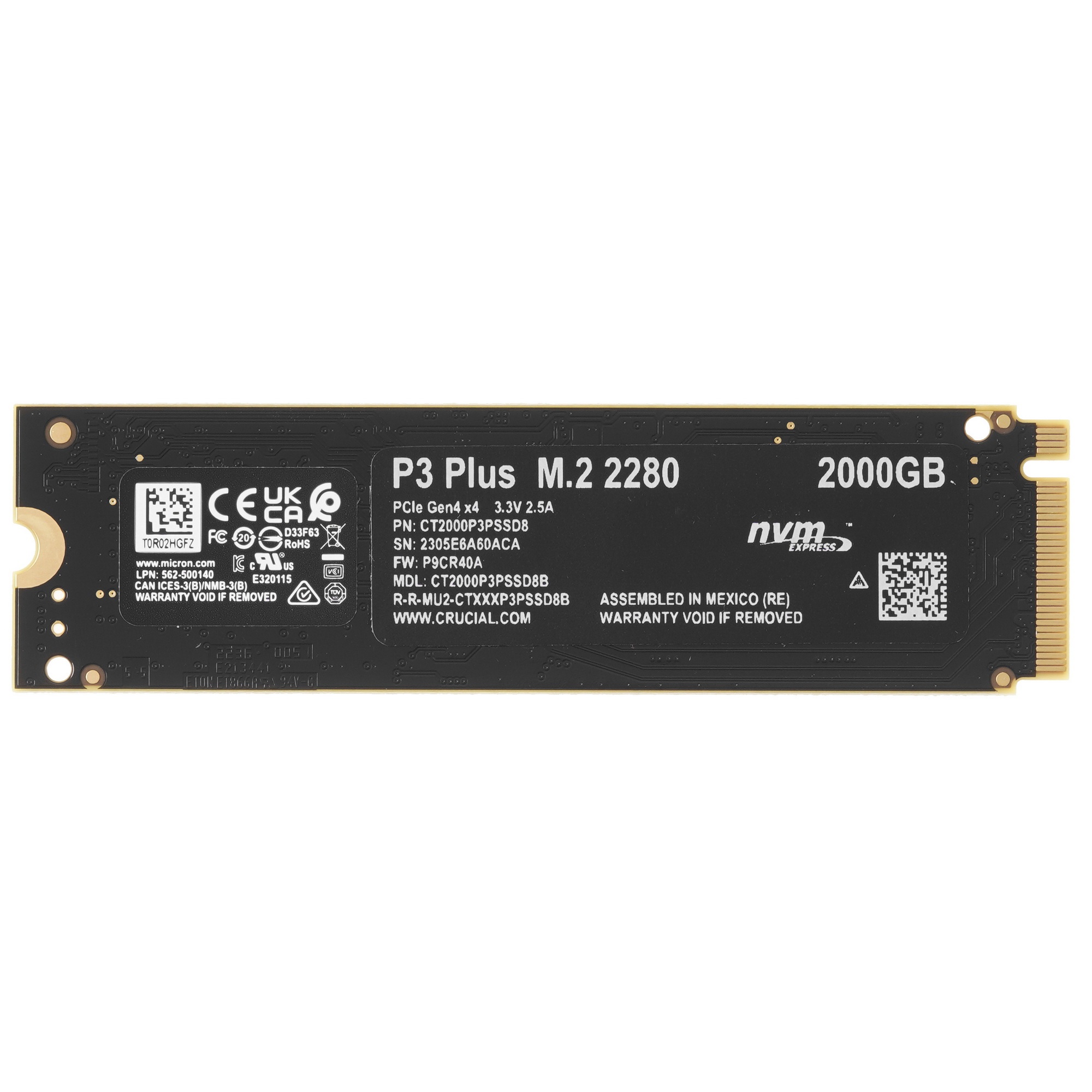 Накопитель SSD Crucial P3 Plus, 2Tb, PCIe 4.0 x4, M.2 2280, NVMe, R/W 5000/4200