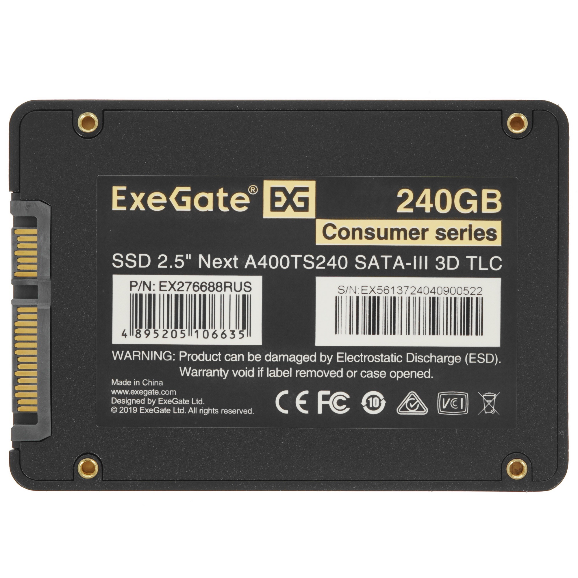 Накопитель SSD ExeGate Consumer A400TS240, 240Gb, 2.5", SATA III, R/W 550/400