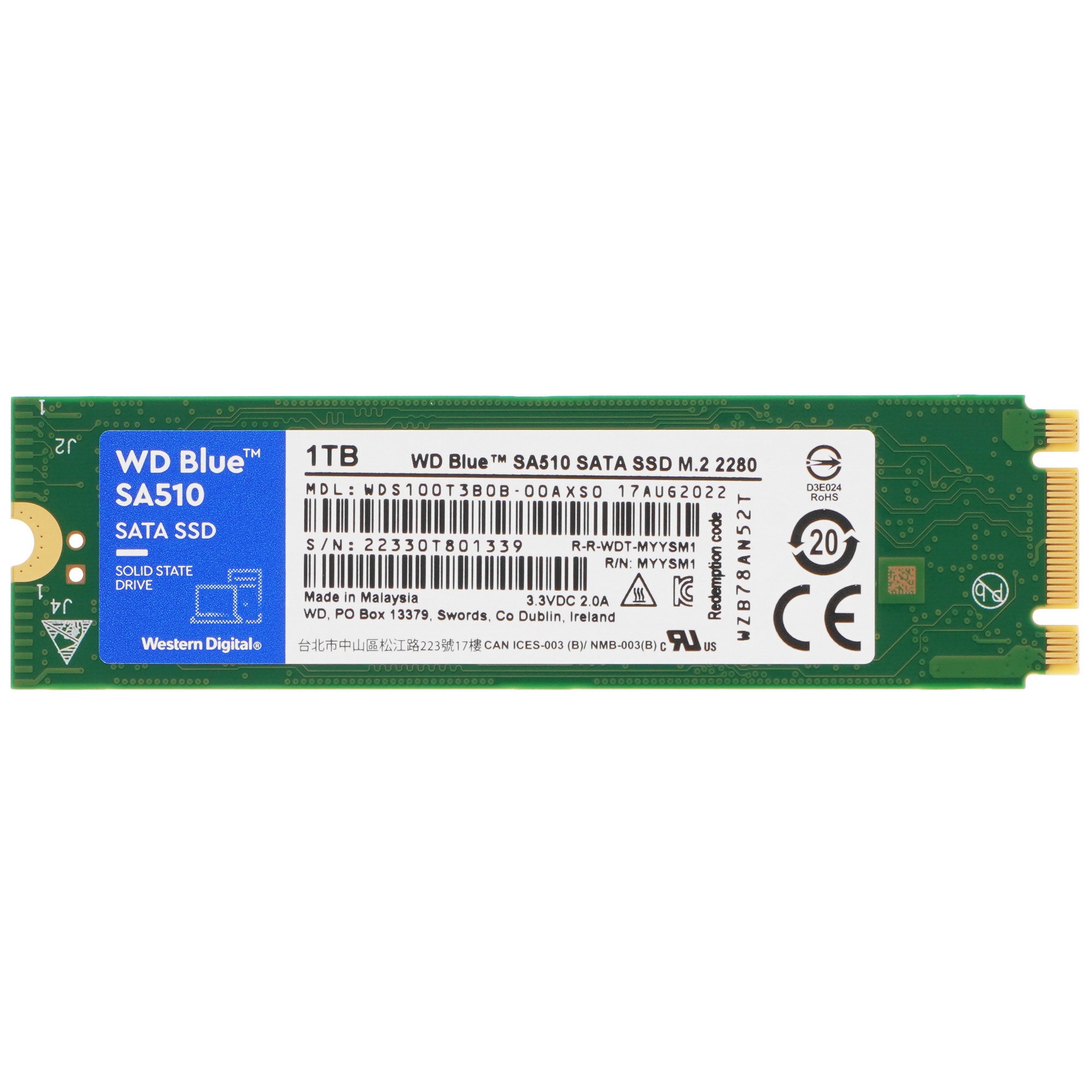 Накопитель SSD WD Blue SA510 WDS100T3B0B, 1Tb, SATA III, M.2 2280, R/W 560/520