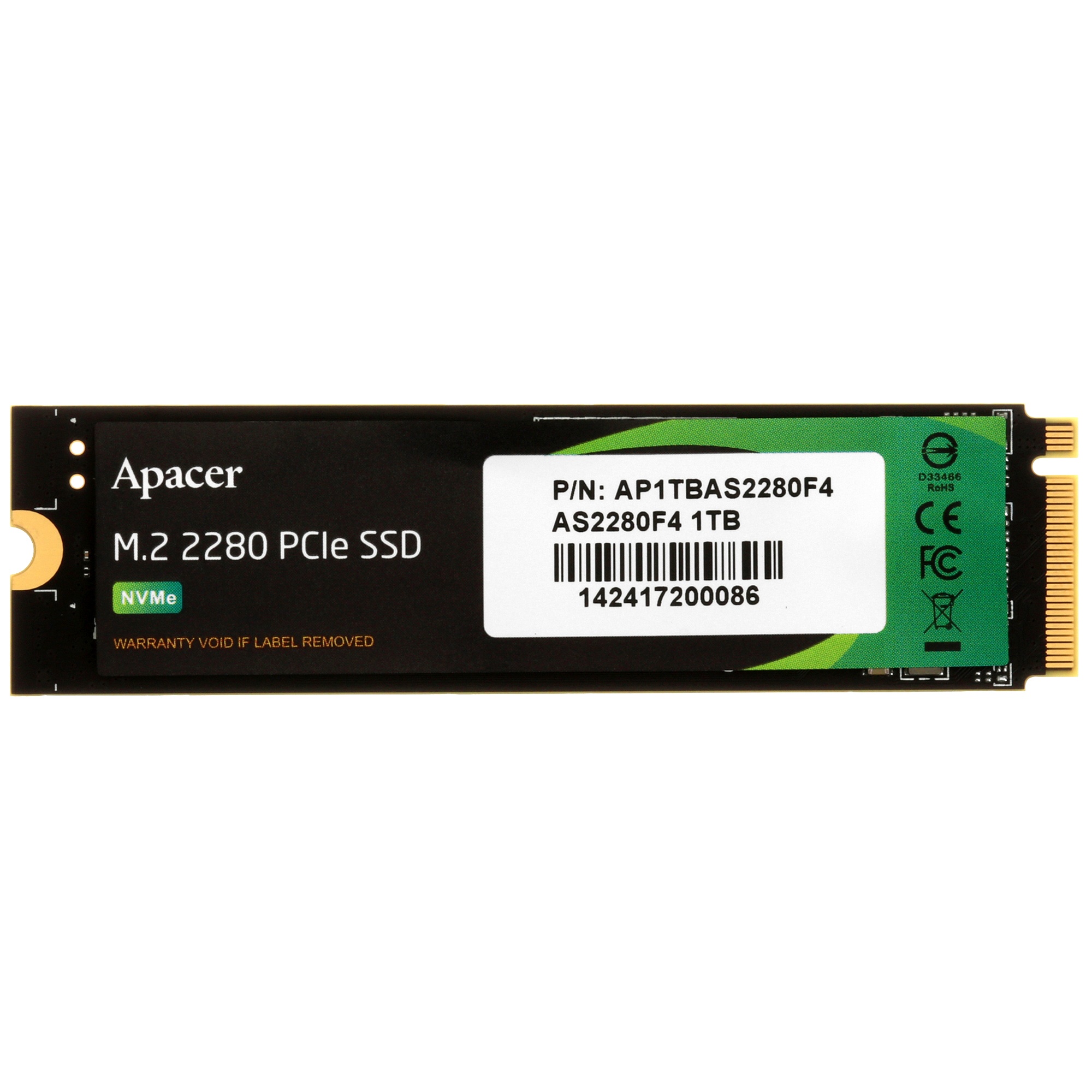 Накопитель SSD Apacer AS2280F4 1TB M.2 2280 PCIe Gen5x4, R12000/W11800 Mb/s, 3D NAND, MTBF 1.6M, NVM
