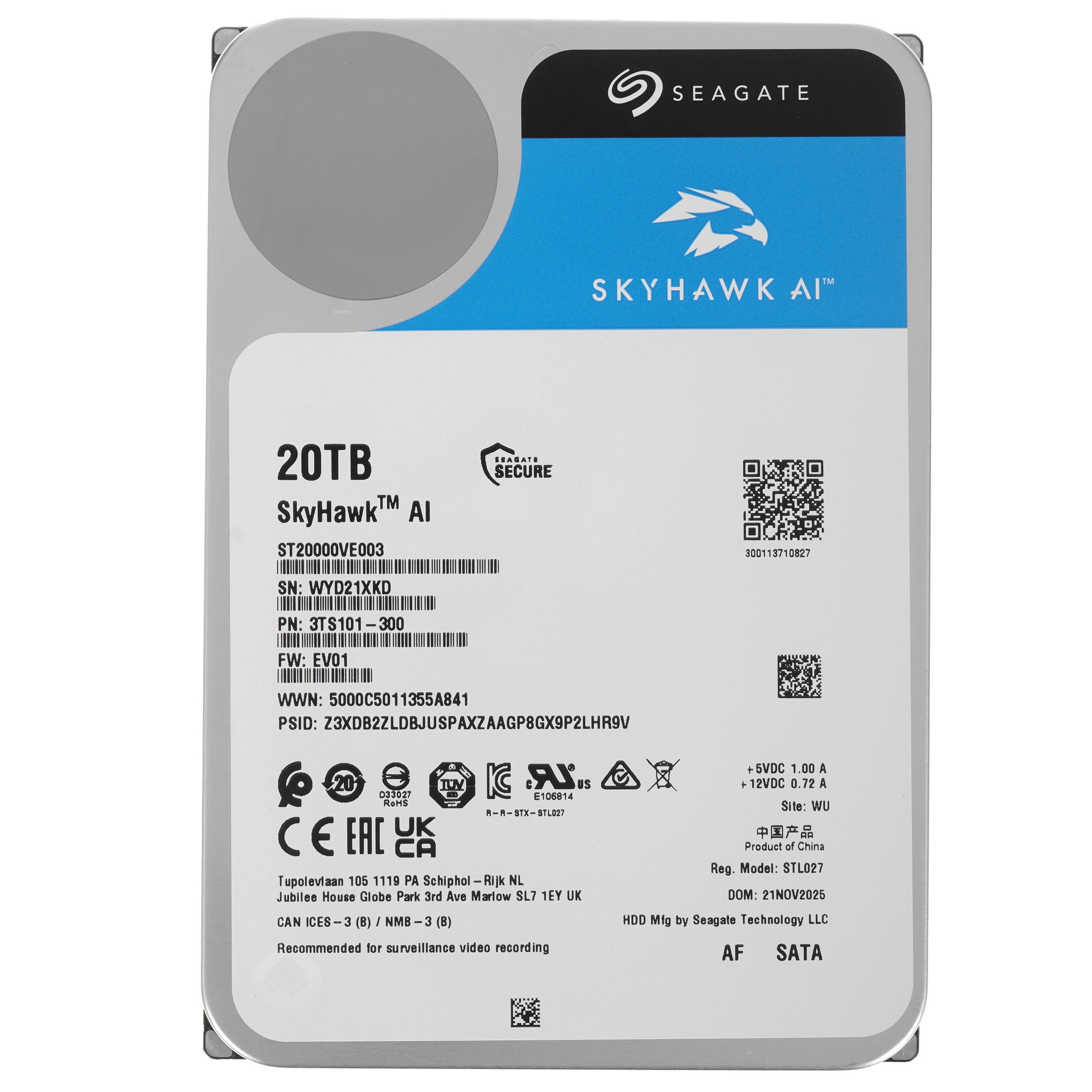 Жесткий диск Seagate 3.5" 20TB SkyHawk AI Surveillance ST20000VE003 SATA 6Gb/s, 7200rpm, 512MB, MTBF