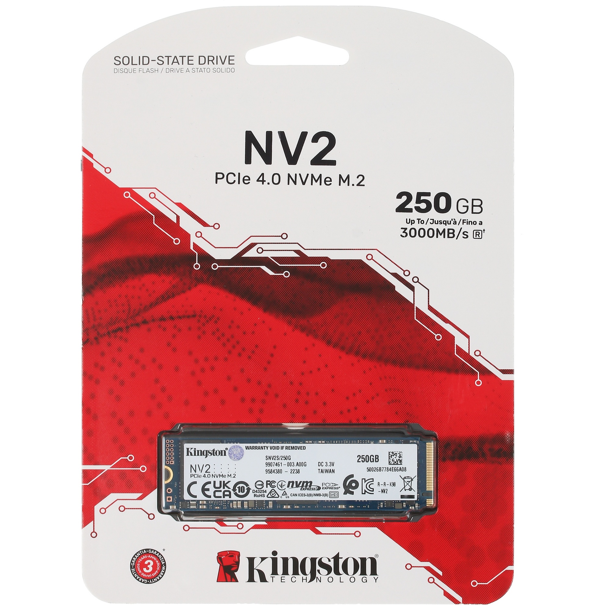 Накопитель SSD Kingston NV2, 250GB, M.2 2280, PCIe 4.0 x4, NVMe, R/W 3000/1300