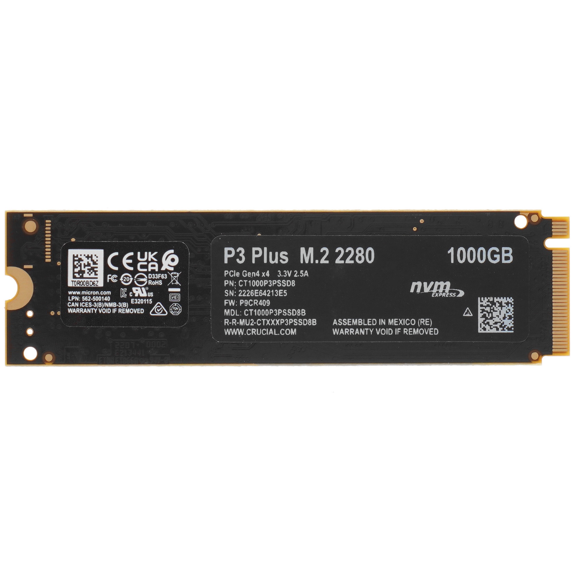 Накопитель SSD Crucial P3 Plus, 1Tb, M.2 2280, PCIe 4.0 x4, NVMe, R/W 3600/5000