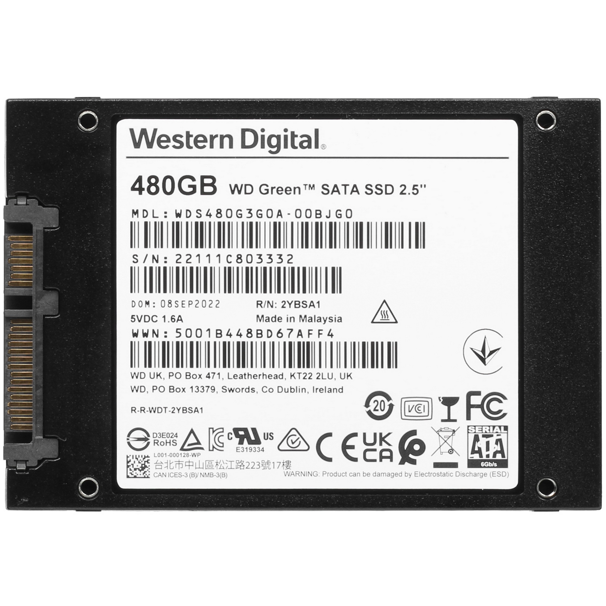 Накопитель SSD WD Green WDS480G3G0A, 480GB, SATA III, 2.5", R/W 545/545