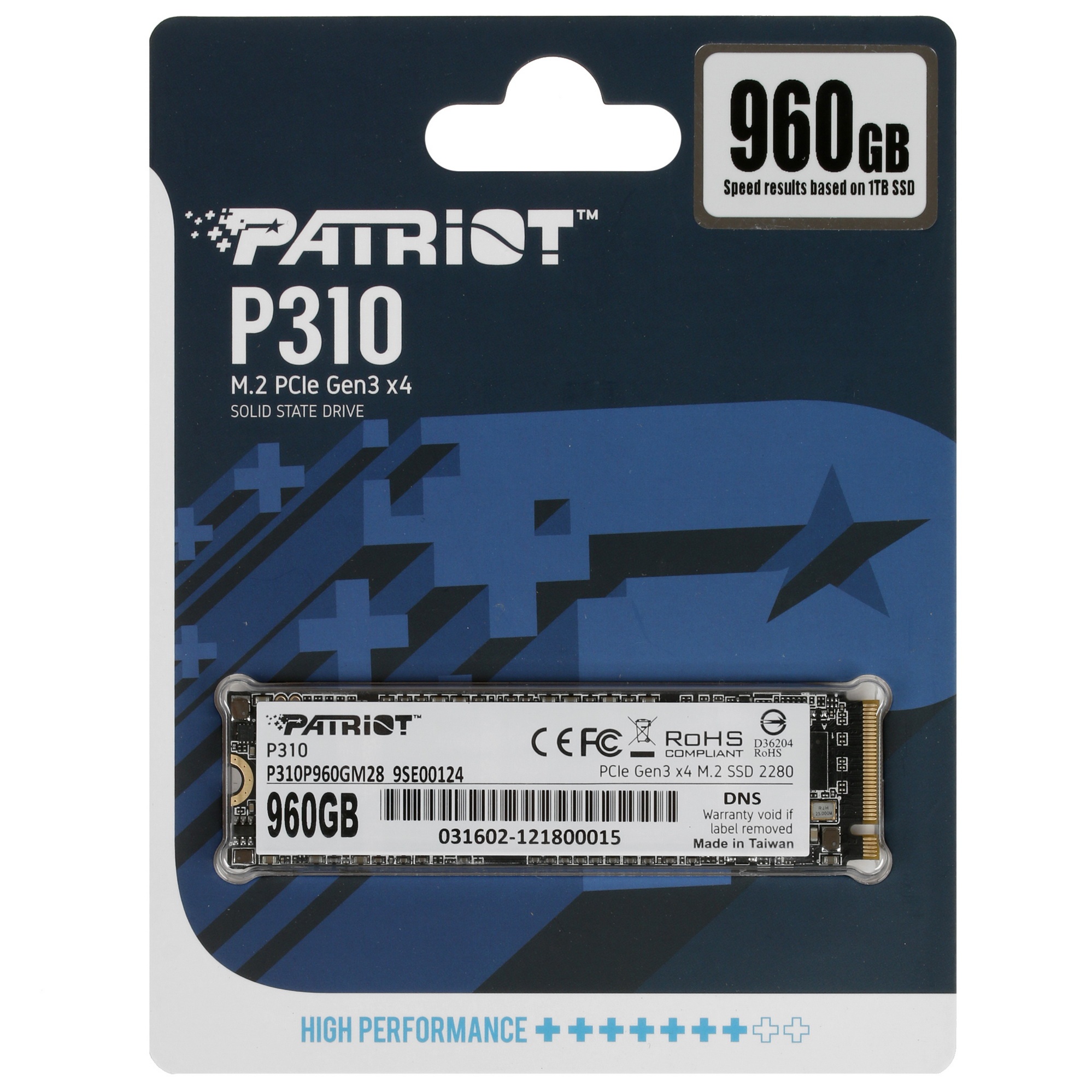 Накопитель SSD Patriot P310, 960GB, PCIe 3.0 x4, M.2 2280, NVMe, R/W 2100/1800