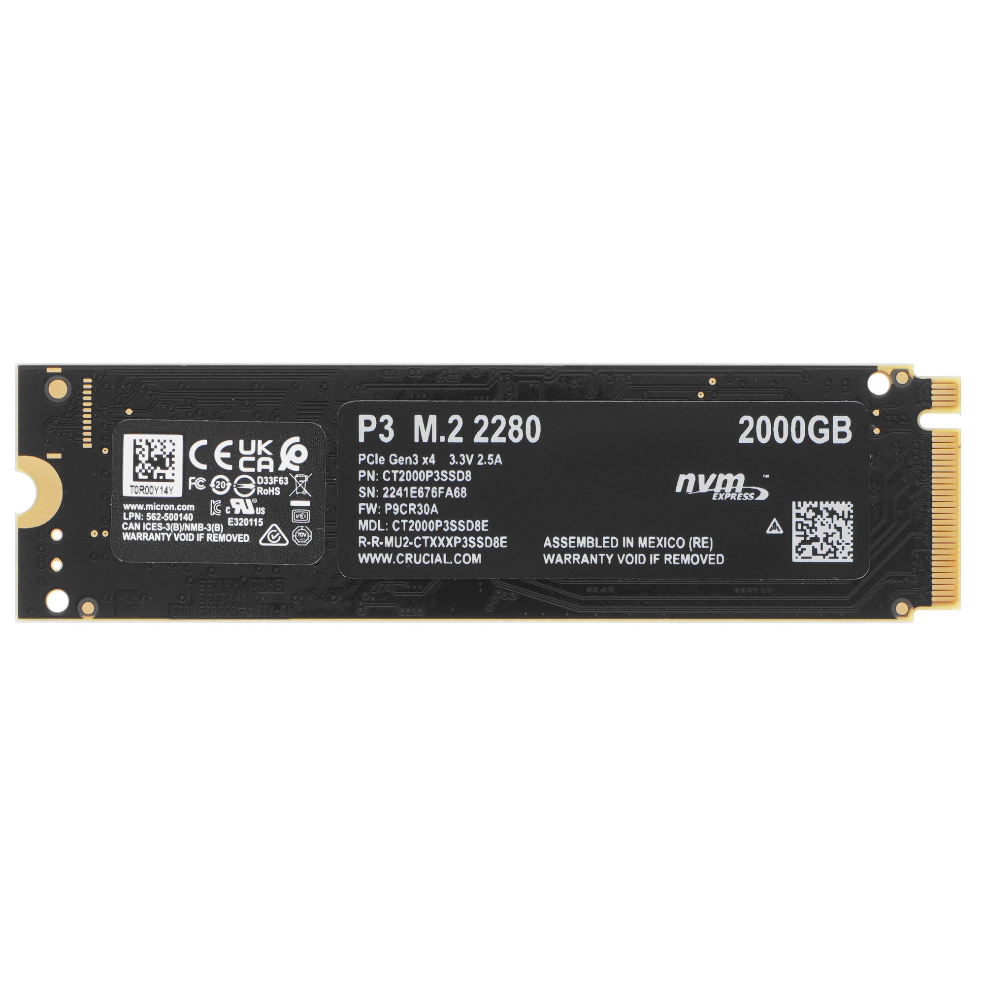 Накопитель SSD Crucial P3, 2Tb, M.2 2280, PCIe 3.0 x4, NVMe, R/W 3500/3000