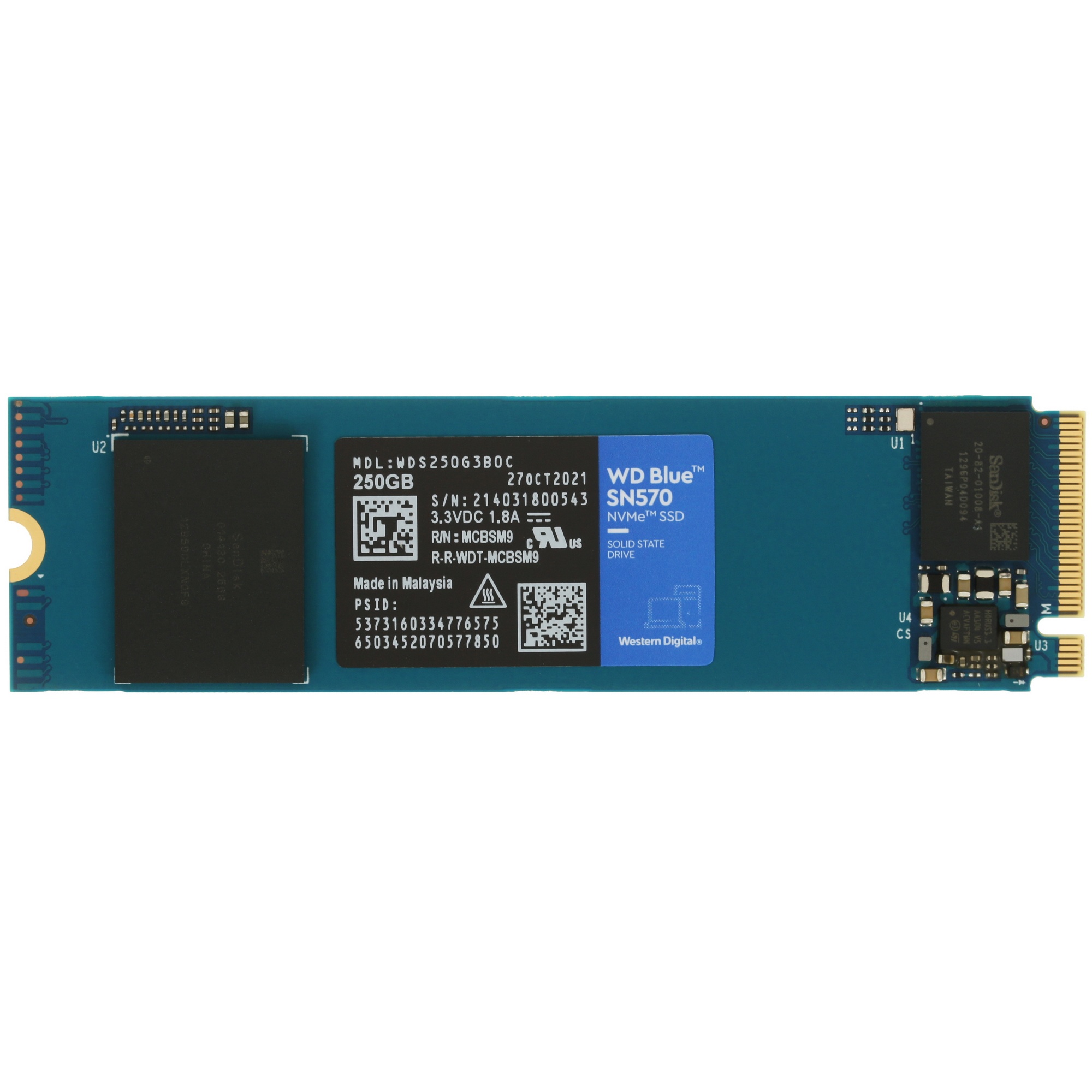 Накопитель SSD WD Blue SN570 WDS250G3B0C, 250Gb, PCIe 3.0 x4, M.2 2280, NVMe, R/W 3300/1200