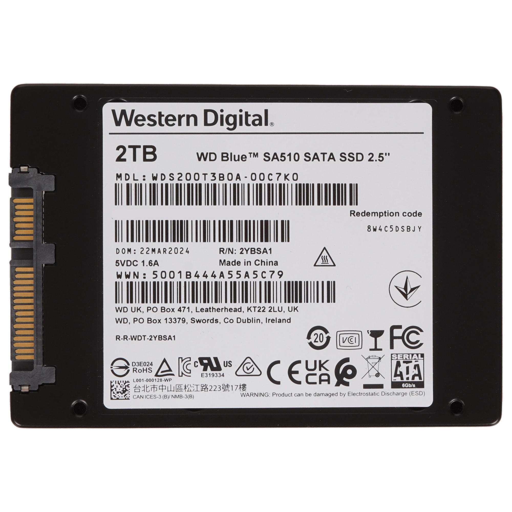 Накопитель SSD WD 2Tb Blue Client SATA 2.5" 6Gb/s, 560/530, IOPS 95/84K, MTBF 1,75M, 3D NAND TLC, 50