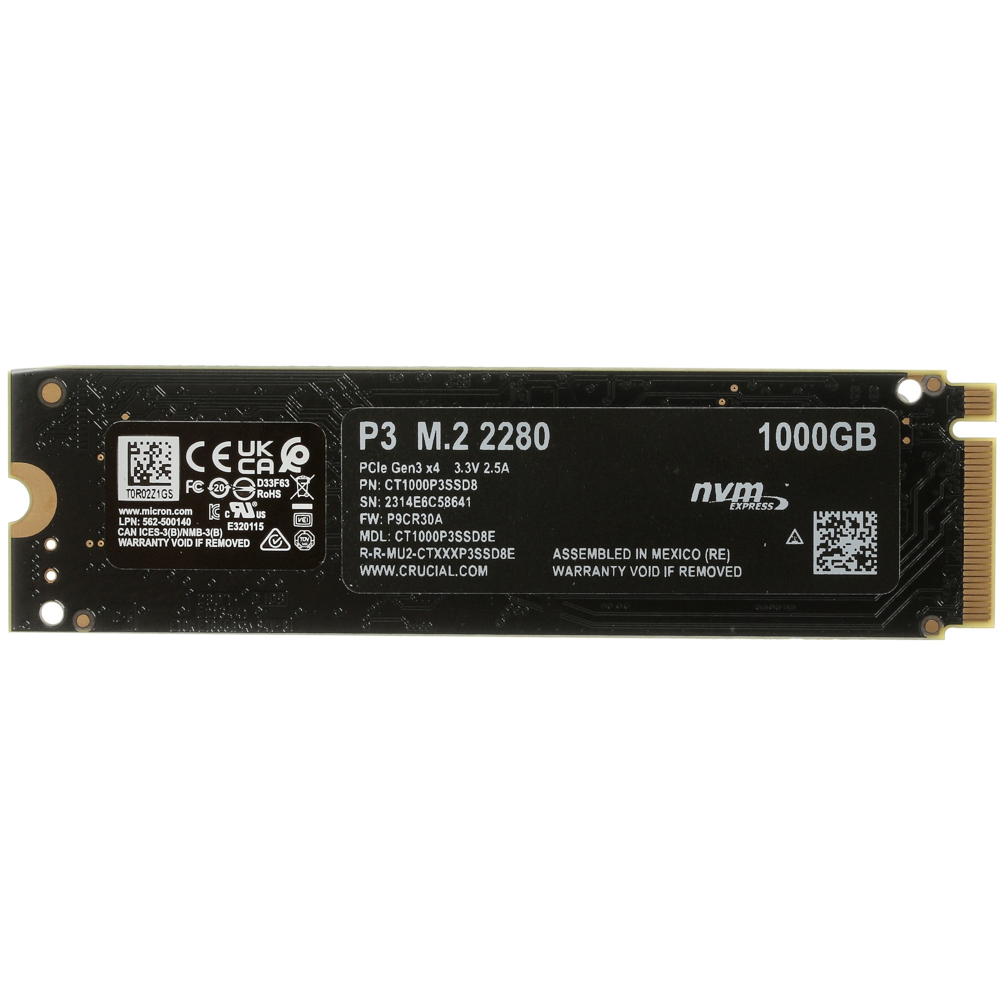 Накопитель SSD Crucial P3, 1Tb, M.2 2280, PCIe 3.0 x4, NVMe, R/W 3500/3000