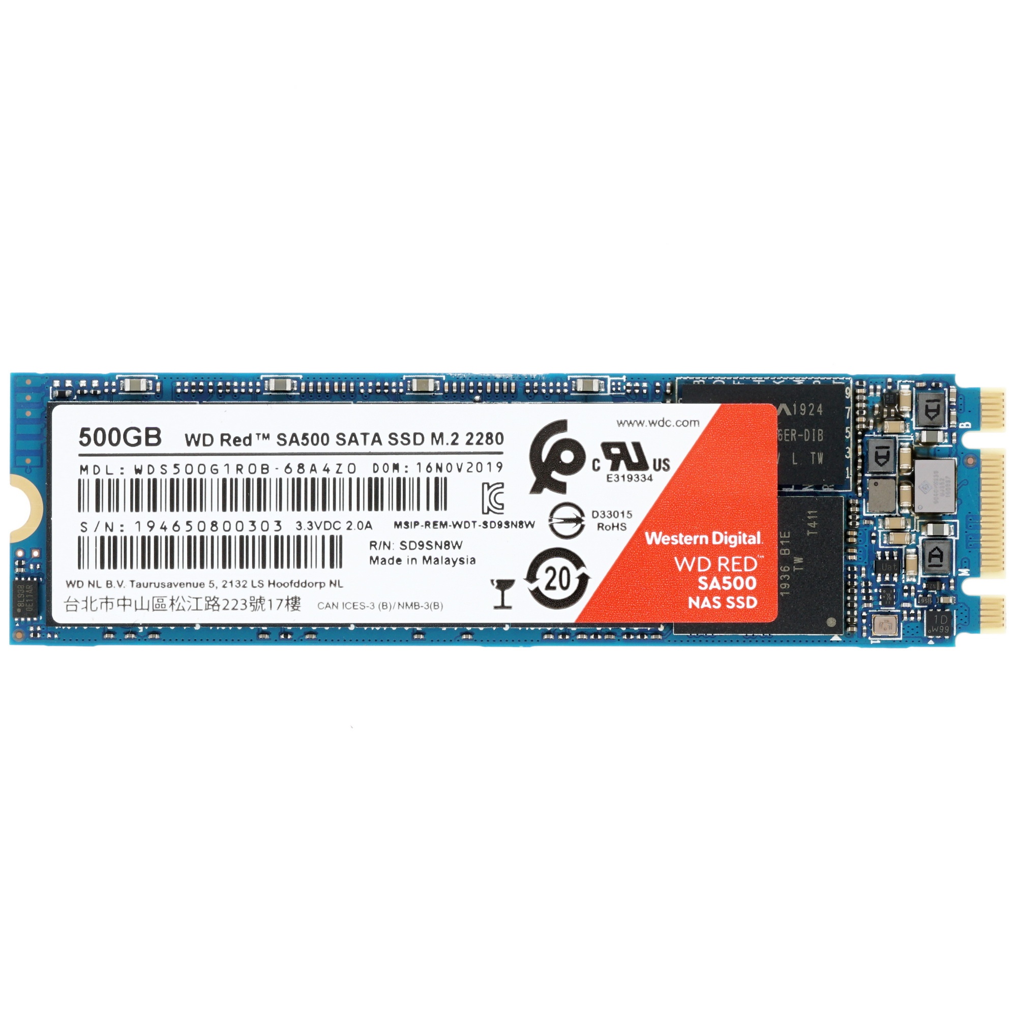 Накопитель SSD WD Red SA500 WDS500G1R0B, 500Gb, SATA III, M.2 2280, R/W 560/530