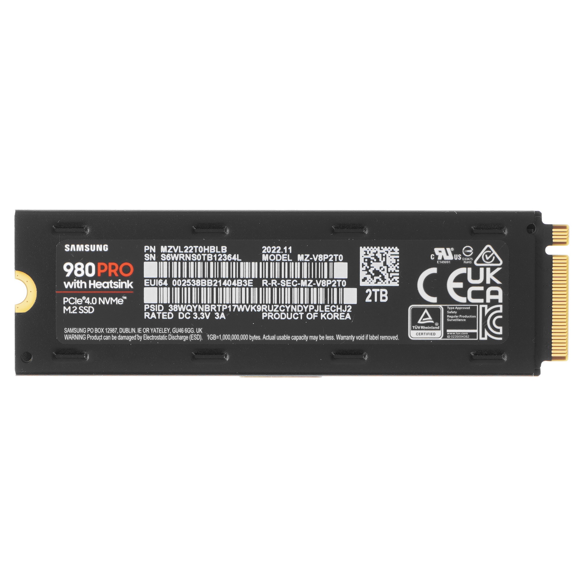 Накопитель SSD Samsung 980 PRO MZ-V8P2T0CW, 2Tb, PCIe 4.0 x4, M.2 2280, NVMe, R/W 7000/5100, с радиа