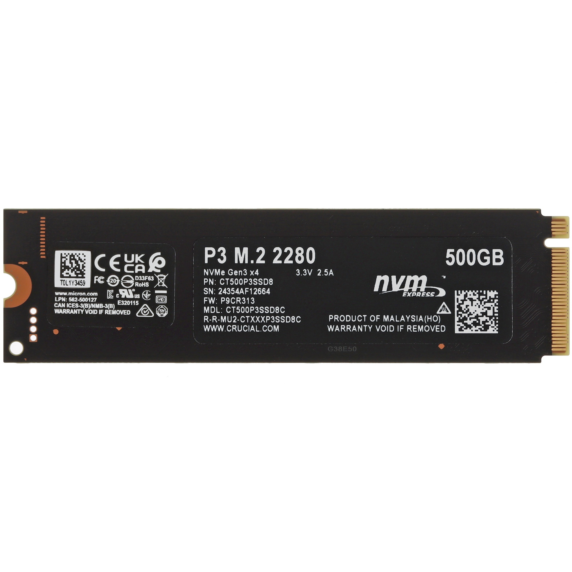 Накопитель SSD Crucial P3, 500Gb, M.2 2280, PCIe 3.0 x4, NVMe, R/W 3500/1900