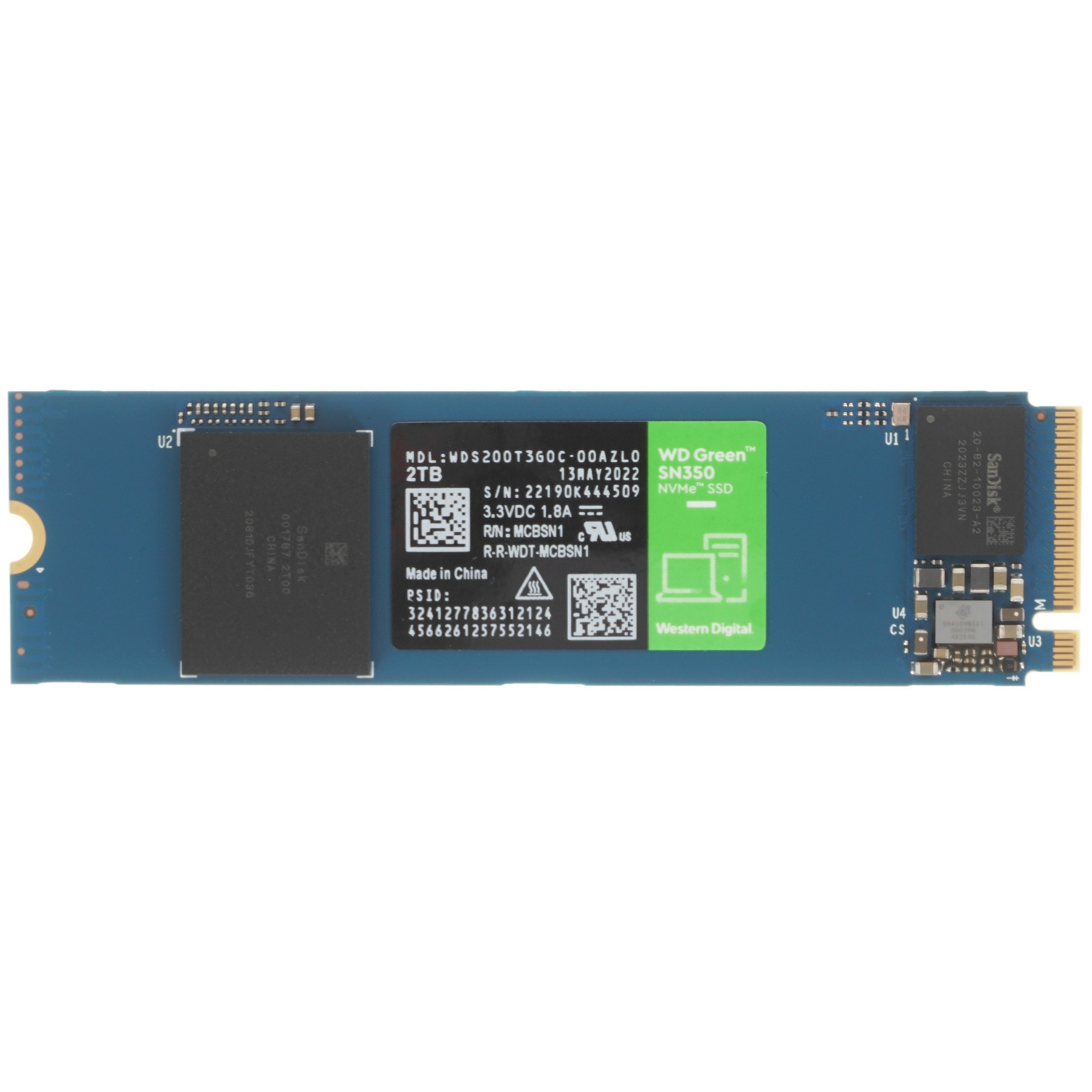 Накопитель SSD WD Green SN350 WDS200T3G0C, 2000Gb, PCIe 3.0 x4, M.2 2280, NVMe, R/W 3200/3000