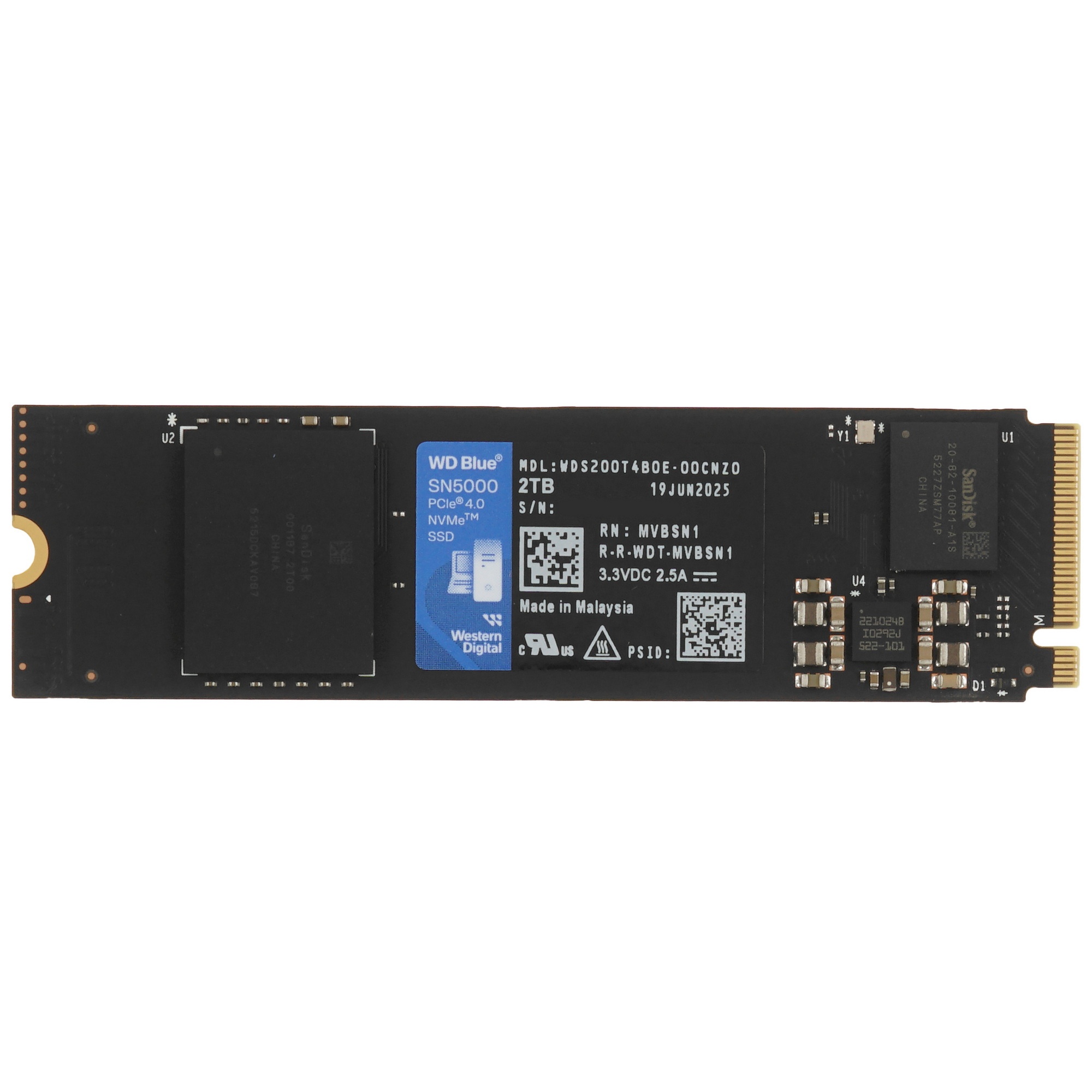 Накопитель SSD WD Blue WDS200T4B0E, 2Tb, PCIe 4.0 x4, M.2 2280, NVMe, R/W 5150/4850