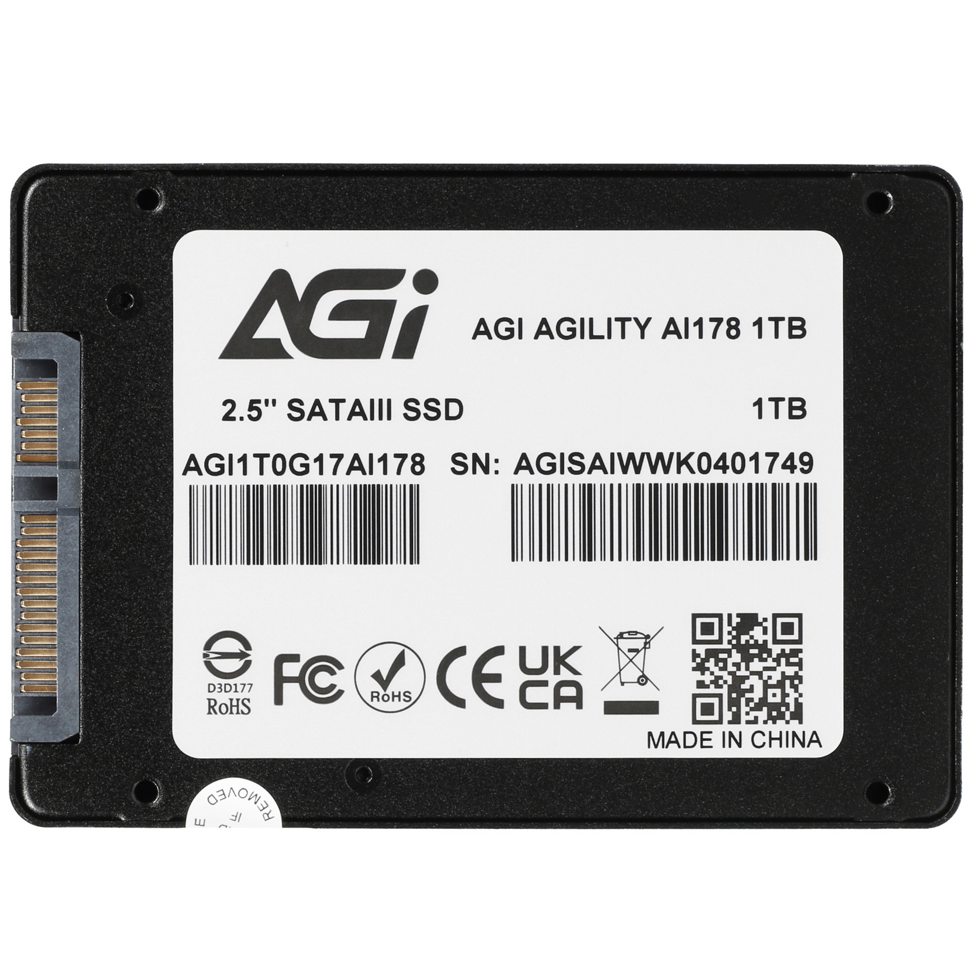 Накопитель SSD AGI 1TB AI178 Client SATA 2.5"; 6Gb/s, 529/467, IOPS 32/76K, MTBF 1.6M, 3D TLC, 600TB