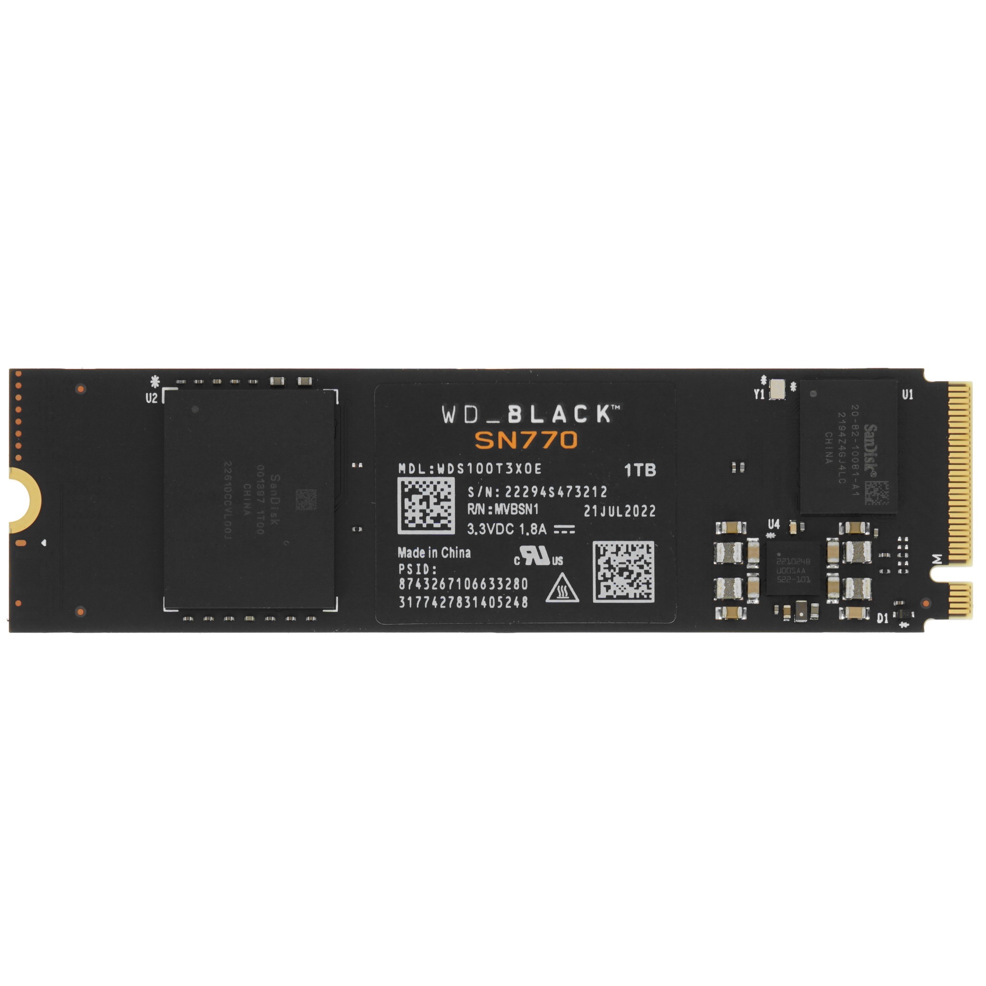 Накопитель WD SSD Black SN770 NVMe, 1.0TB, M.2(22x80mm), NVMe, PCIe 4.0 x4, 3D TLC, R/W 5150/4900MB/