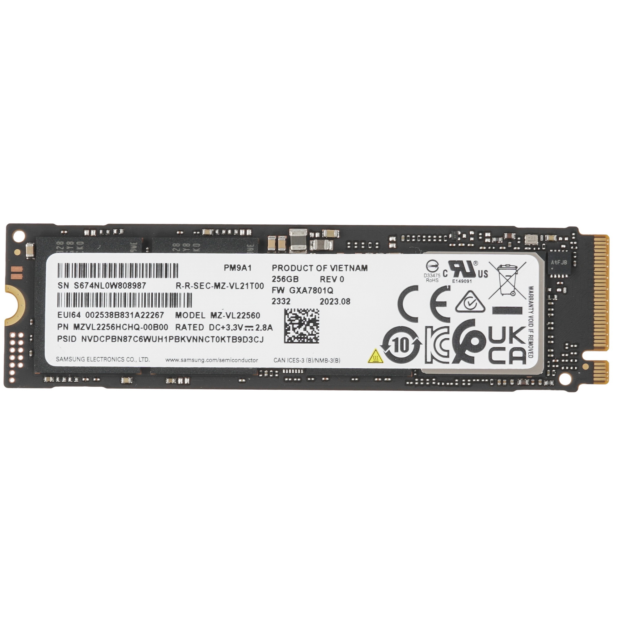 Накопитель SSD Samsung PM9A1 MZVL2256HCHQ-00B00, 256Gb, PCIe 4.0 x4, M.2 2280, NVMe, R/W 6400/2700
