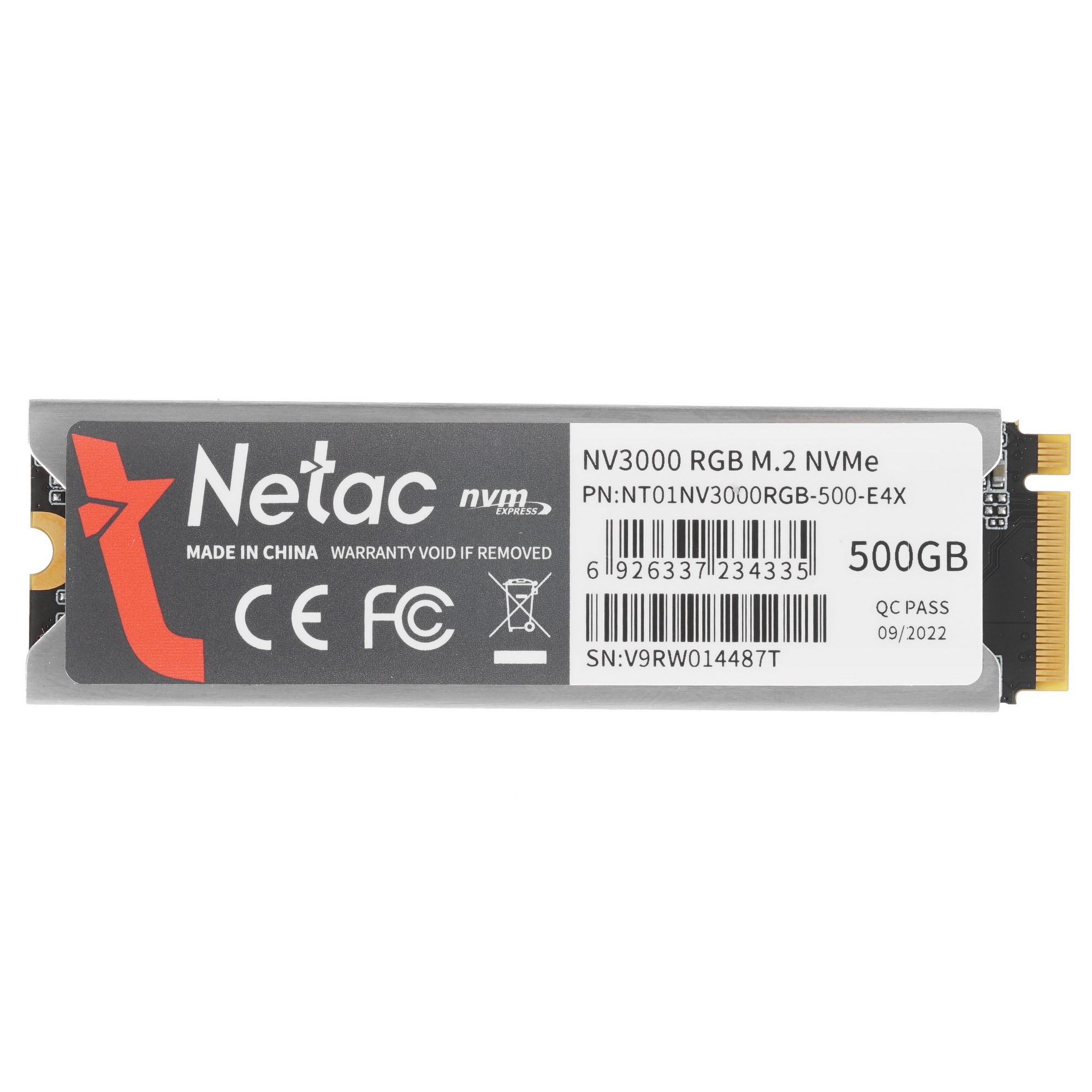 Накопитель SSD Netac NV3000 RGB, 500GB, PCIe 3.0 x4, M.2 2280, NVMe, R/W 3400/2000, с радиатором