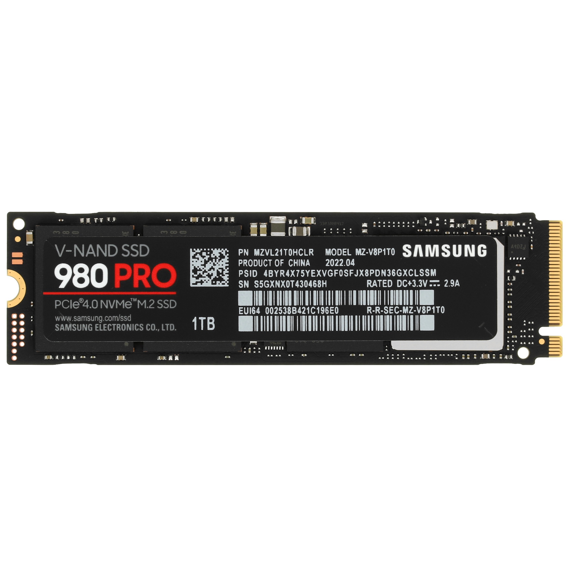 Накопитель SSD Samsung 980 PRO, 1TB, PCIe 4.0 x4, M.2 2280, NVMe, R/W 7000/5000
