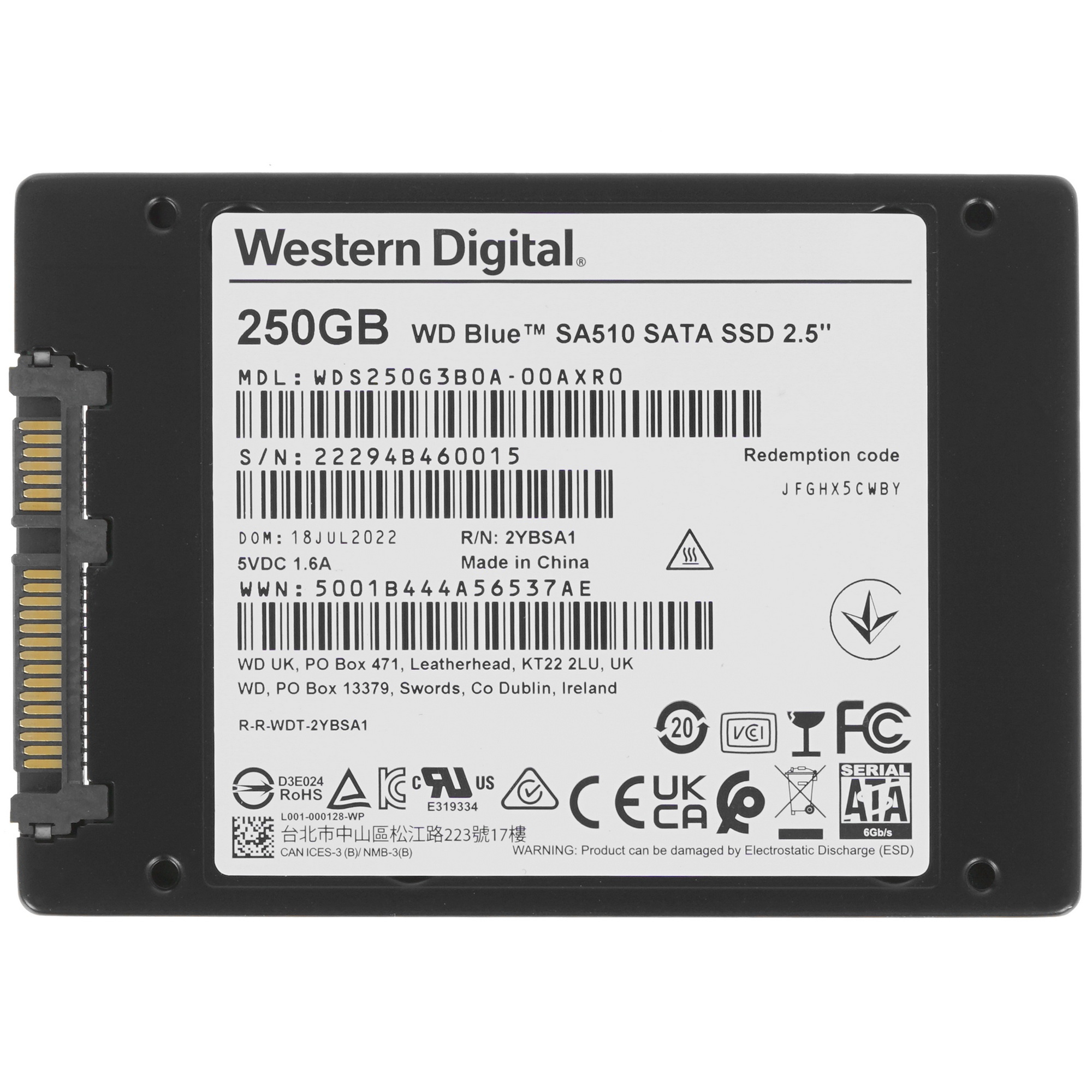 Накопитель SSD WD Blue SA510 WDS250G3B0A, 250GB, SATA III, 2.5", R/W 555/440