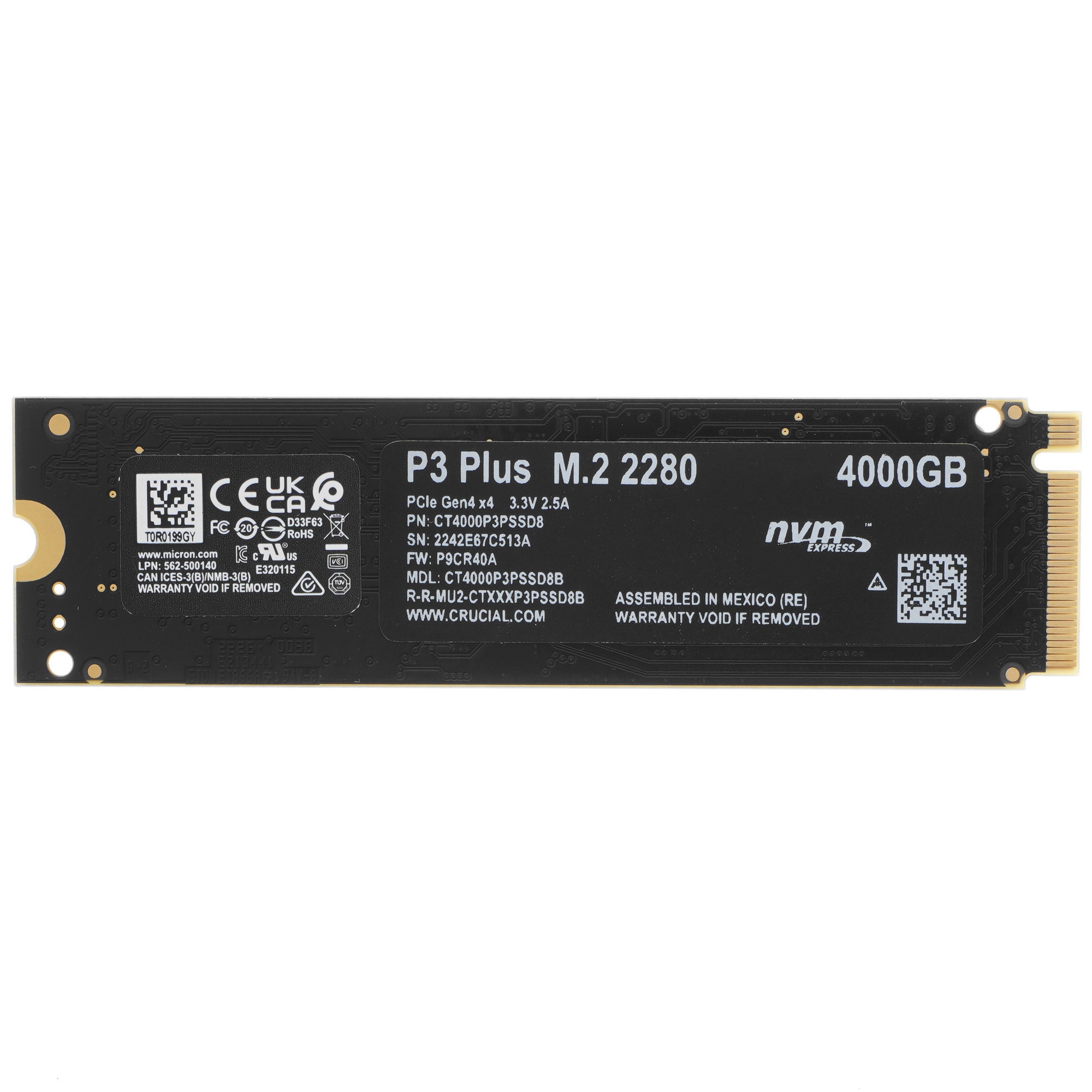 Накопитель SSD Crucial P3 Plus, 4Tb, PCIe 4.0 x4, M.2 2280, NVMe, R/W 4800/4100